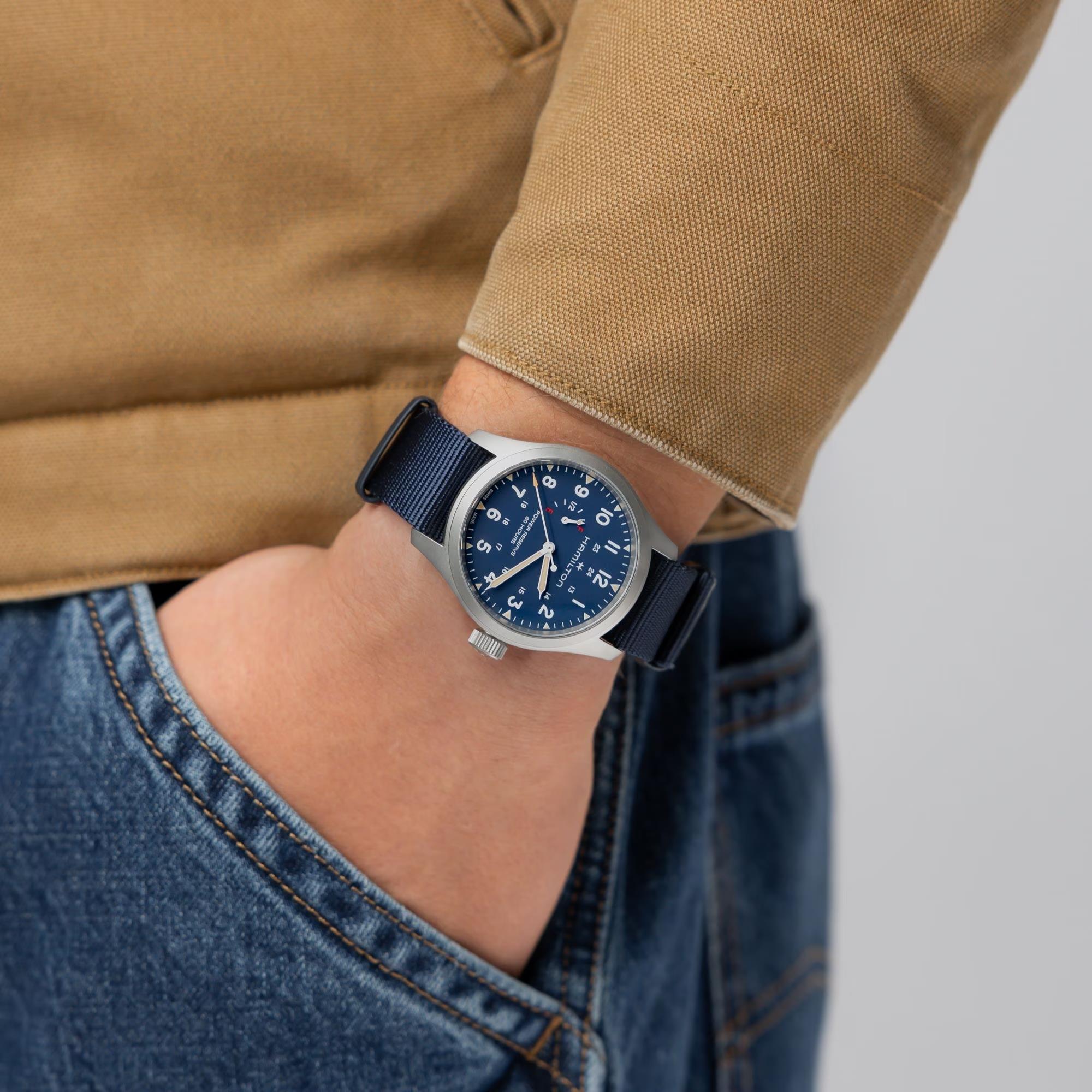 Hamilton Khaki Field 40mm Power Reserve Blue Dial NATO Mens Manual-Wind Watch H69509940