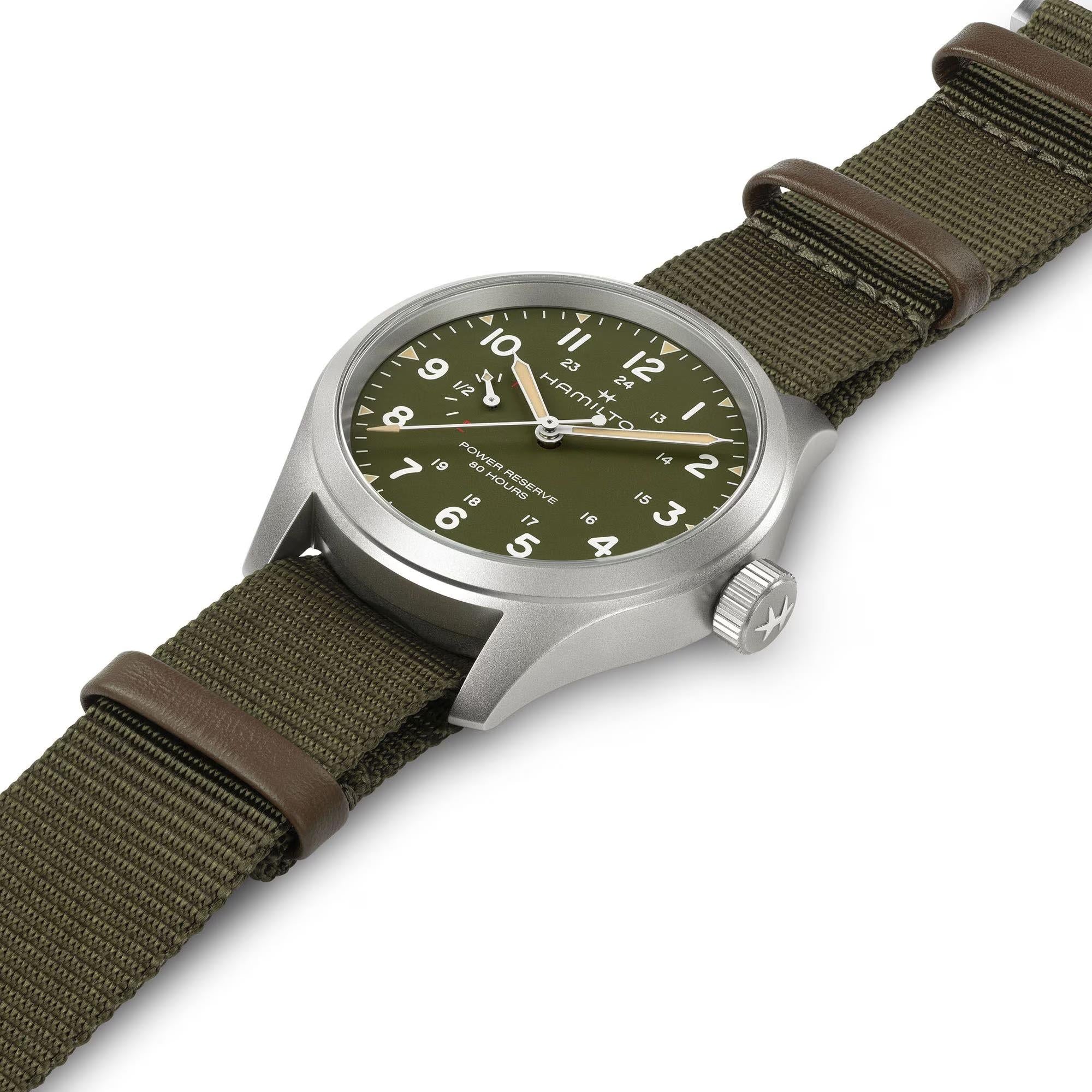 Hamilton Khaki Field 40mm Power Reserve Green Dial NATO Mens Manual-Wind Watch H69509960