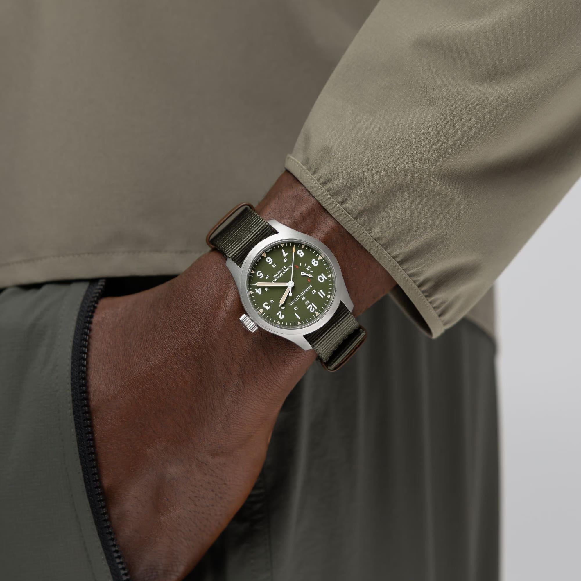 Hamilton Khaki Field 40mm Power Reserve Green Dial NATO Mens Manual-Wind Watch H69509960