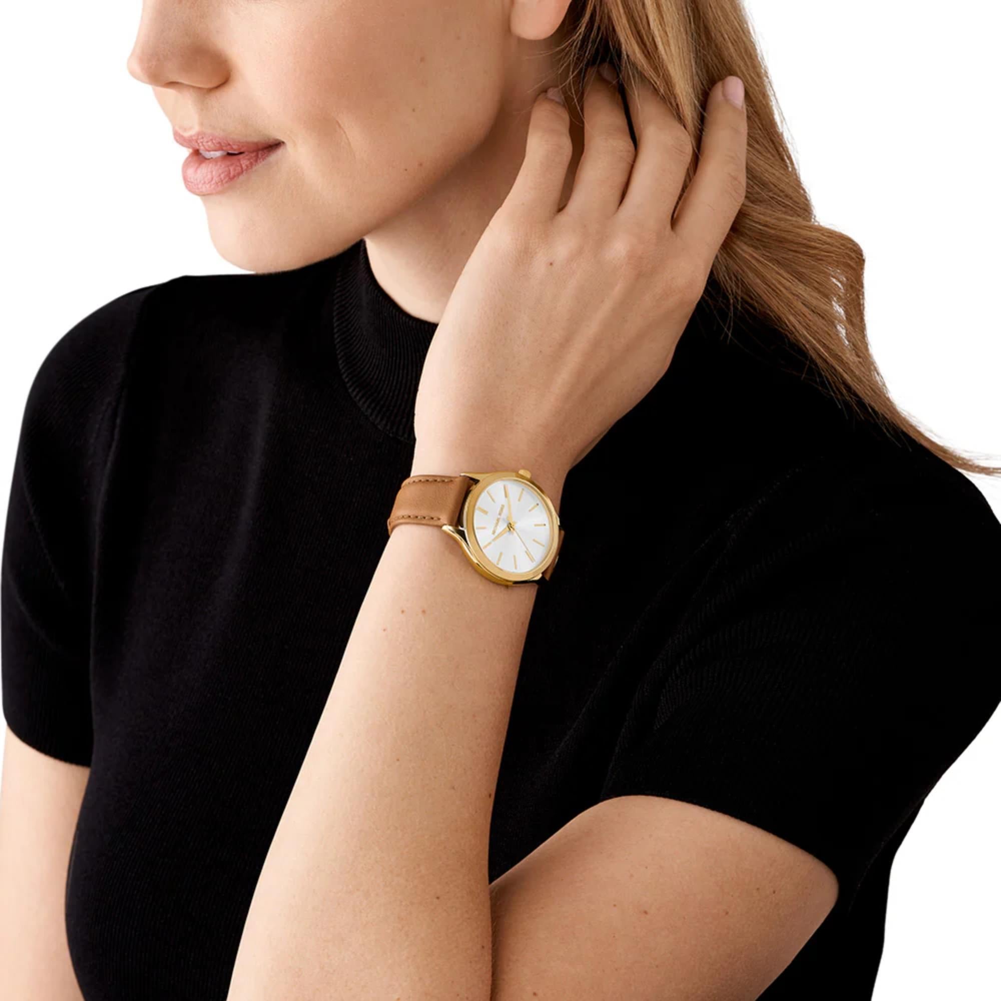 Michael Kors Slim Runway 38mm White Sunray Dial  Leather Ladies Quartz Watch MK7543