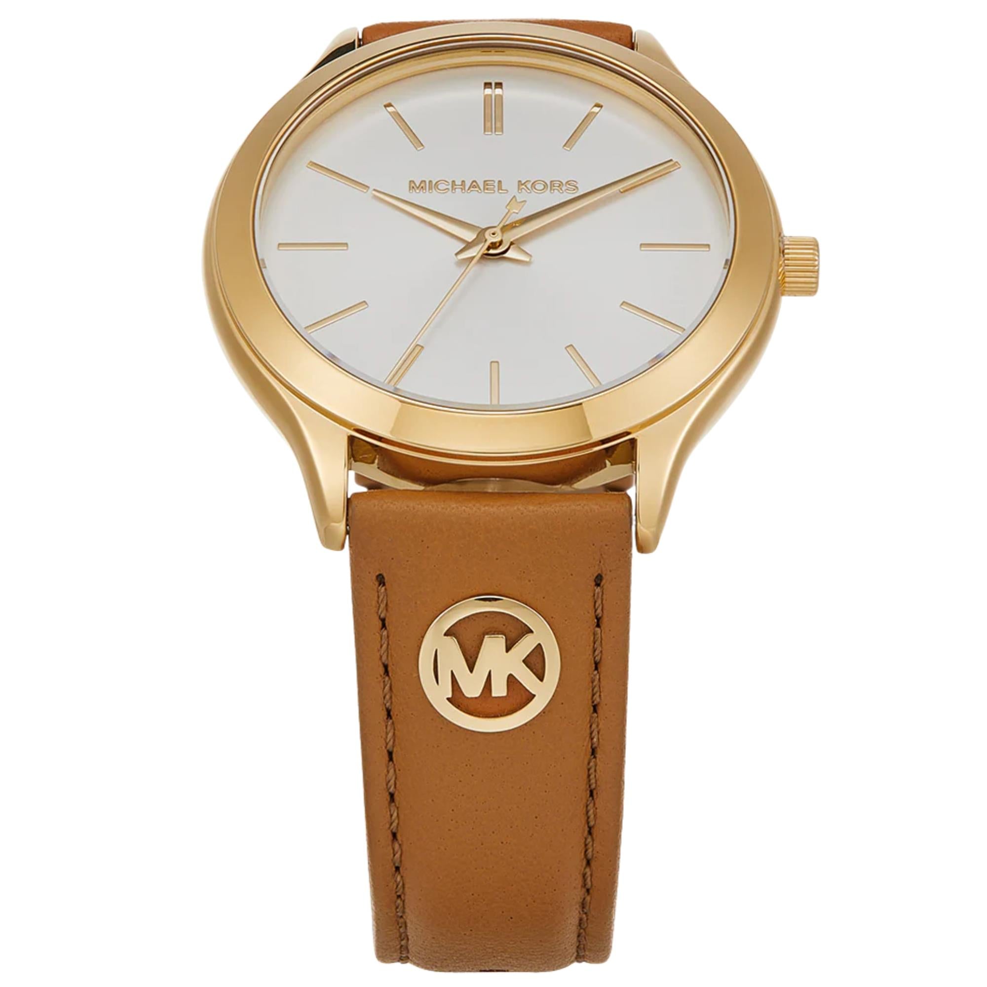 Michael Kors Slim Runway 38mm White Sunray Dial  Leather Ladies Quartz Watch MK7543
