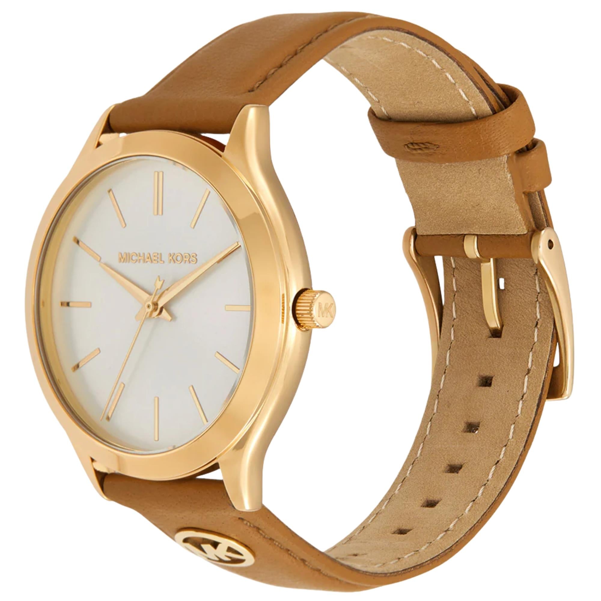 Michael Kors Slim Runway 38mm White Sunray Dial  Leather Ladies Quartz Watch MK7543
