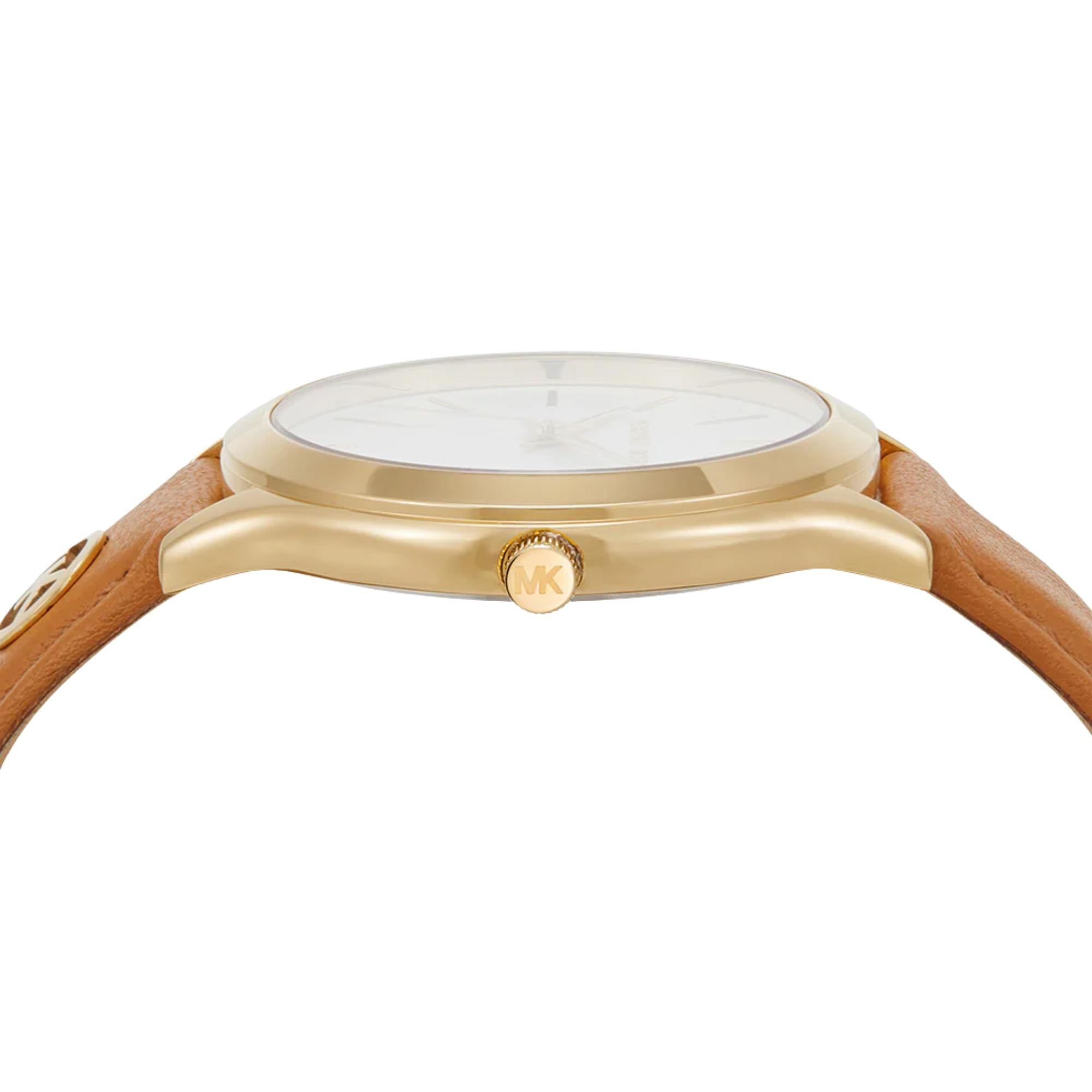 Michael Kors Slim Runway 38mm White Sunray Dial  Leather Ladies Quartz Watch MK7543