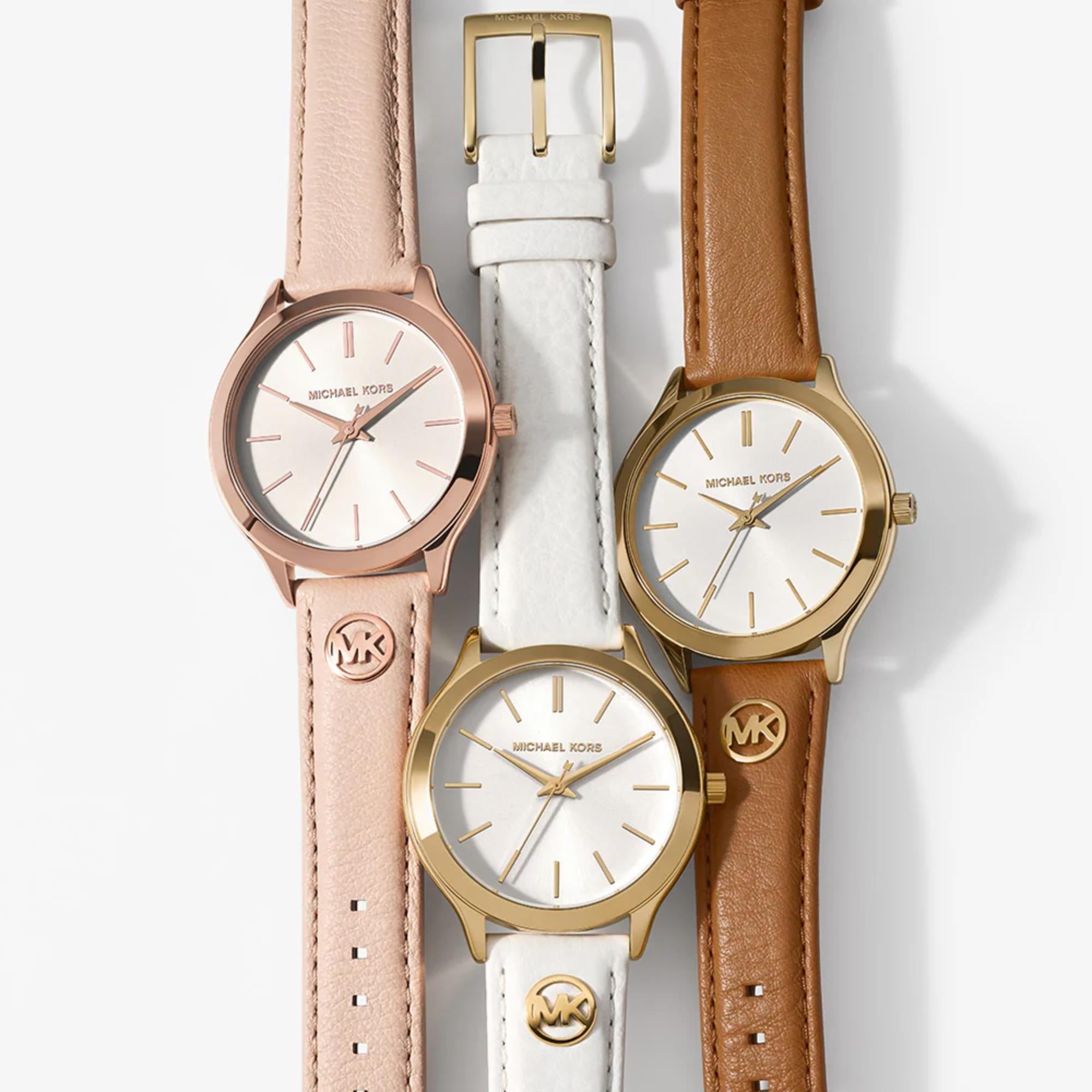Michael Kors Slim Runway 38mm White Sunray Dial  Leather Ladies Quartz Watch MK7543