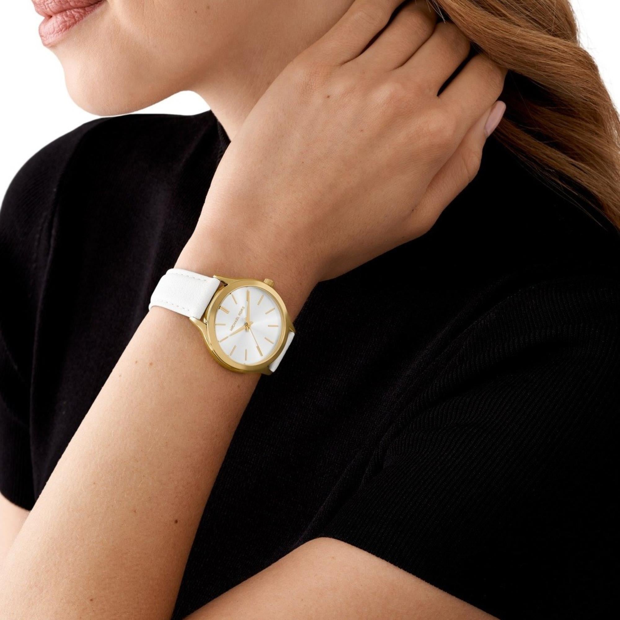 Michael Kors Slim Runway 38mm White Dial Leather Ladies Quartz Watch MK7544