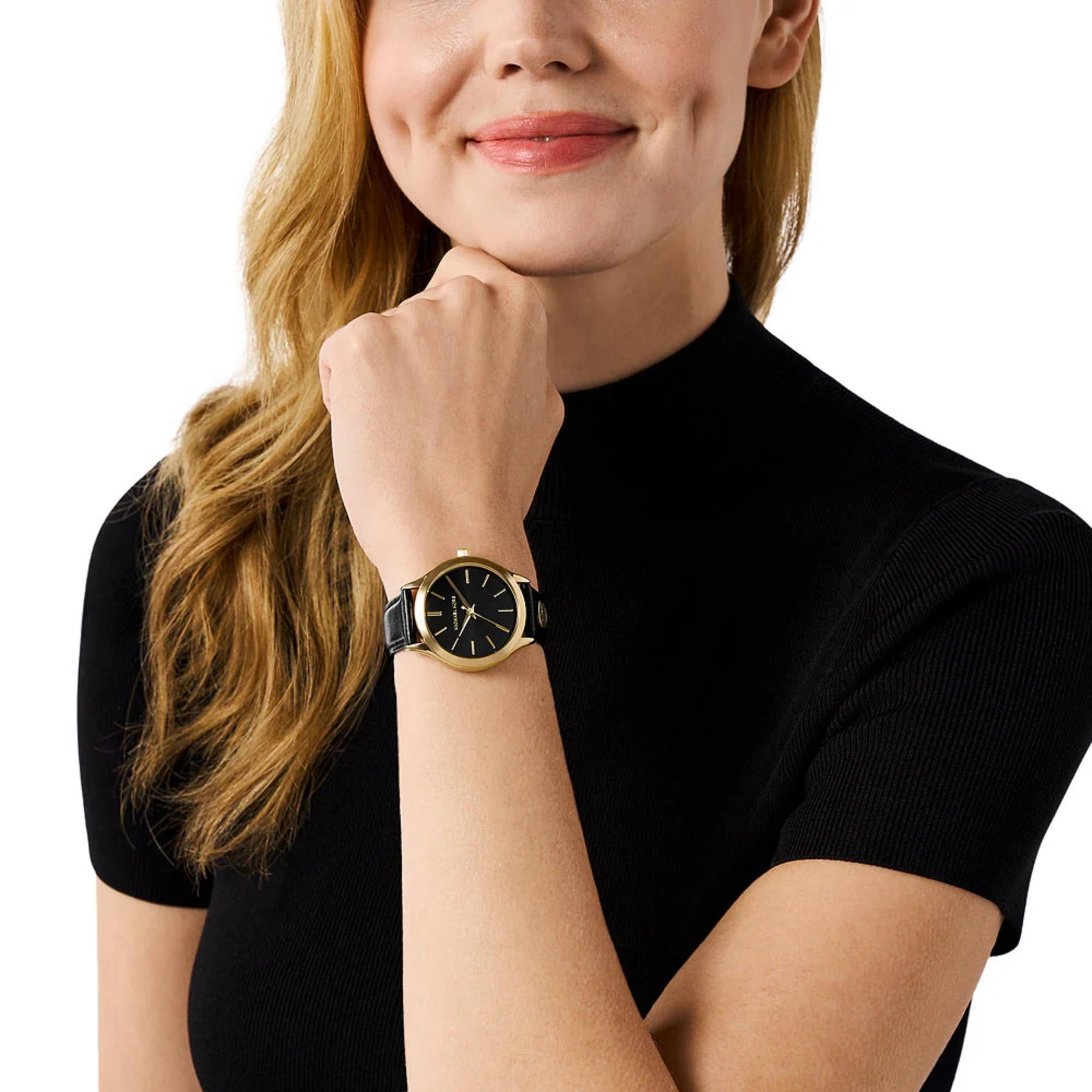 Michael Kors Slim Runway 38mm Black Dial Leather Ladies Quartz Watch MK7553
