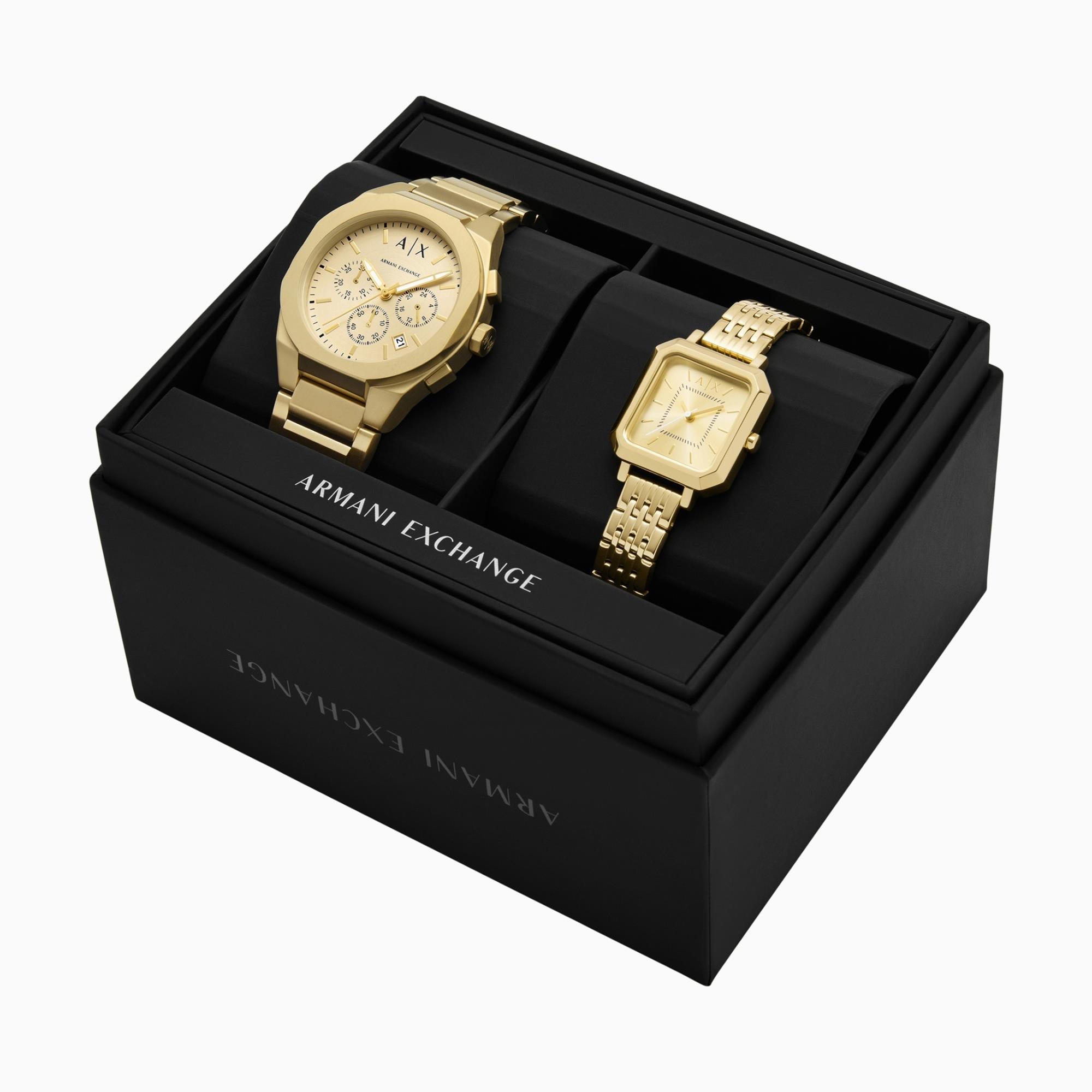 Armani Exchange Sync Gold Dial Steel Mens and Ladies Quartz Couple Watch Set AX7171SET