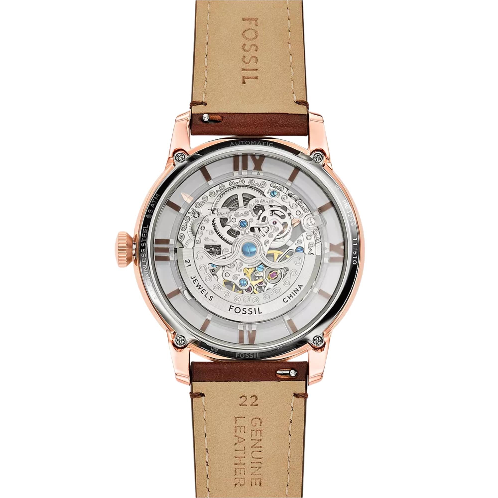 Fossil Townsman 44mm Skeleton Brown Dial Leather Mens Automatic Watch ME3259