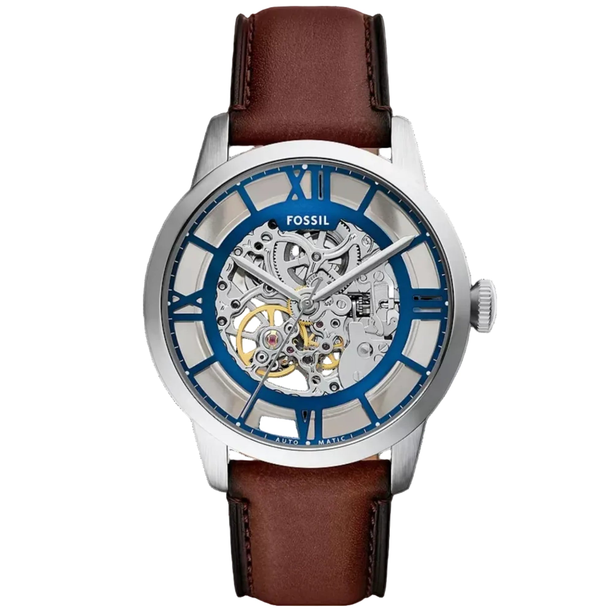 Fossil Townsman 44mm Skeleton Silver Dial Leather Mens Automatic Watch ME3267