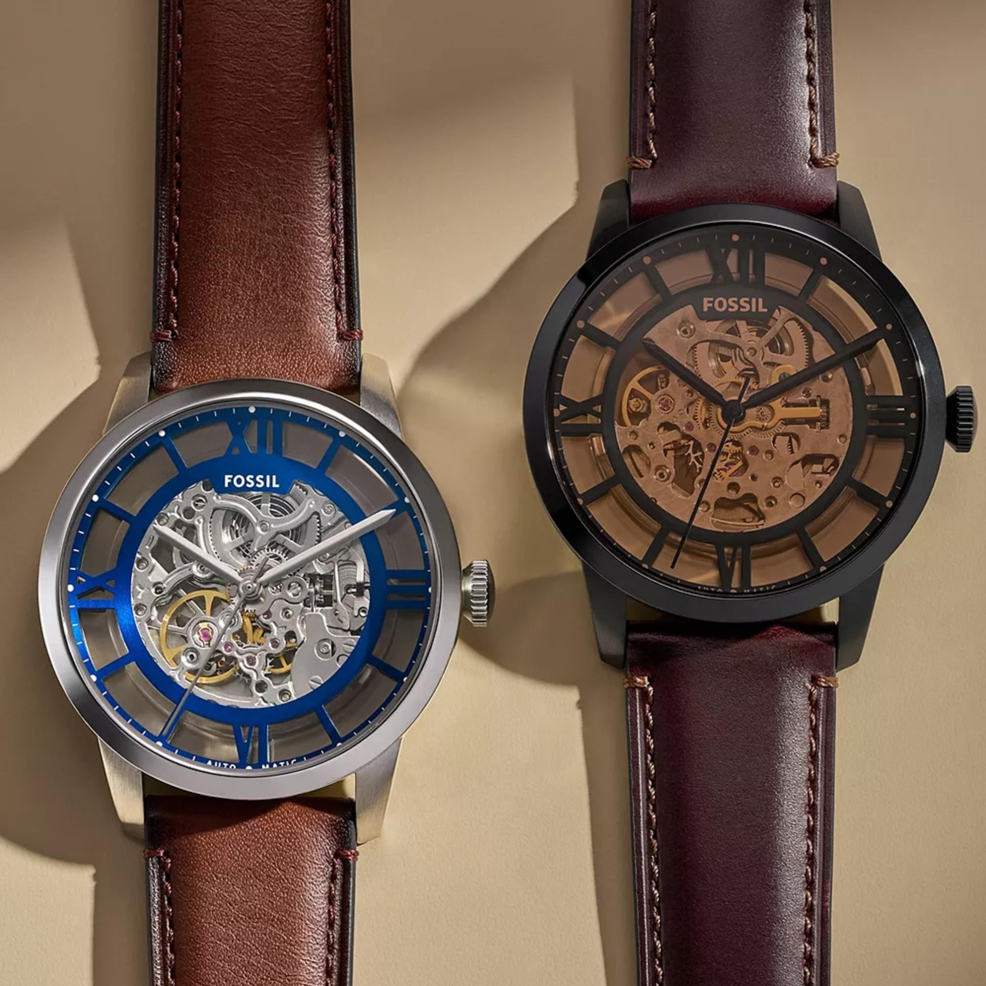 Fossil Townsman 44mm Skeleton Silver Dial Leather Mens Automatic Watch ME3267