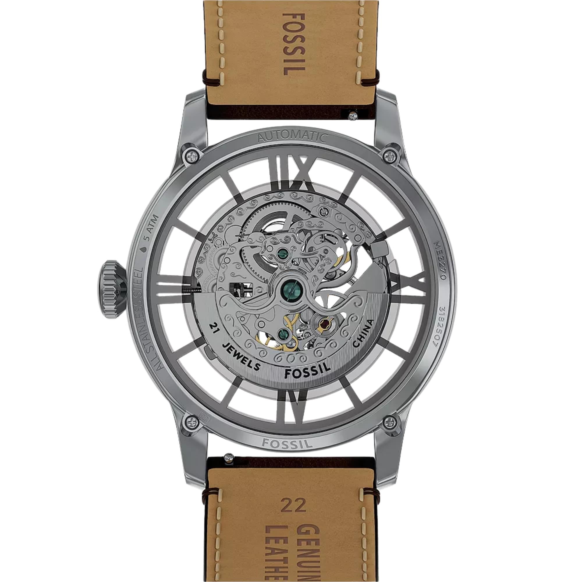 Fossil Townsman 44mm Skeleton Silver Dial Leather Mens Automatic Watch ME3270