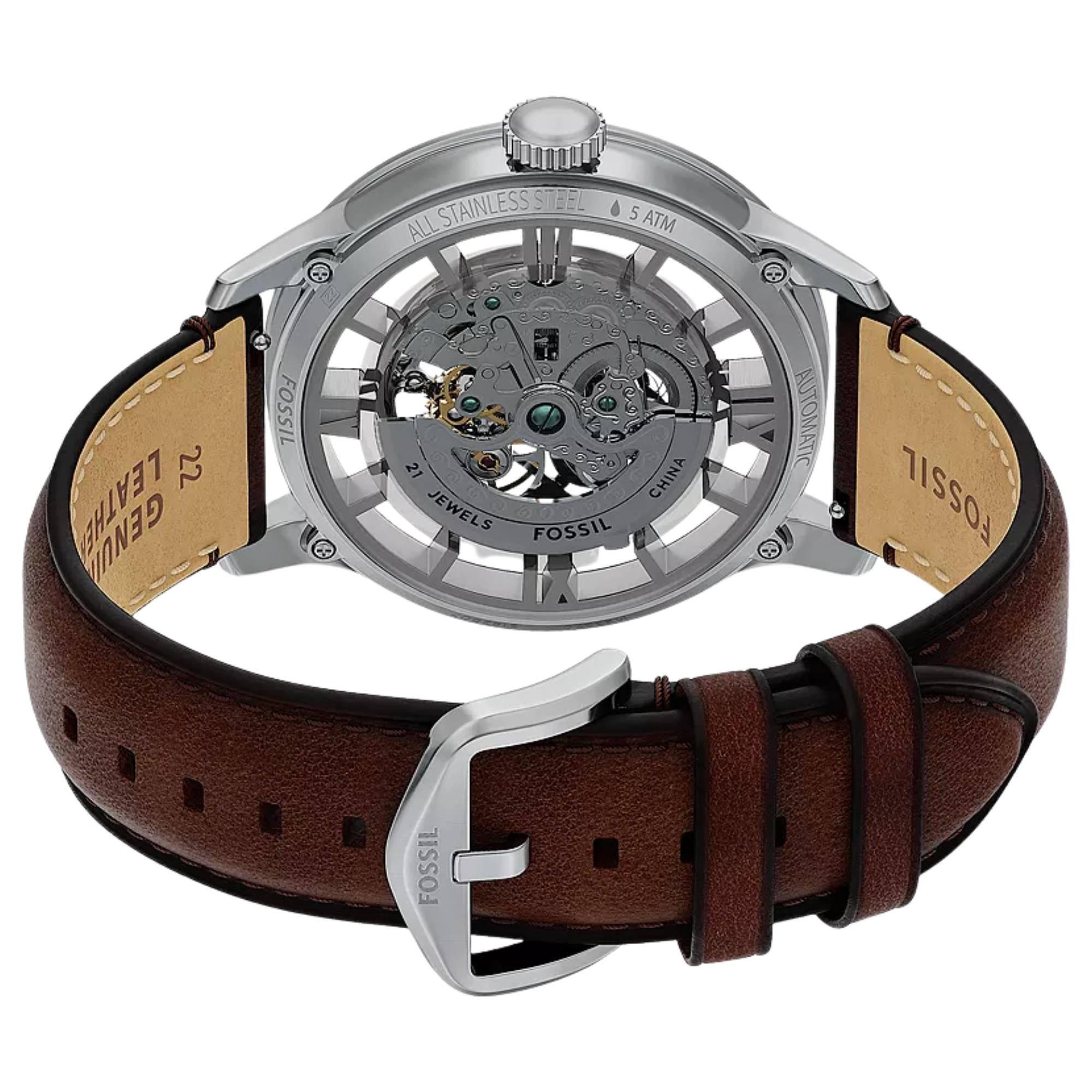 Fossil Townsman 44mm Skeleton Silver Dial Leather Mens Automatic Watch ME3270