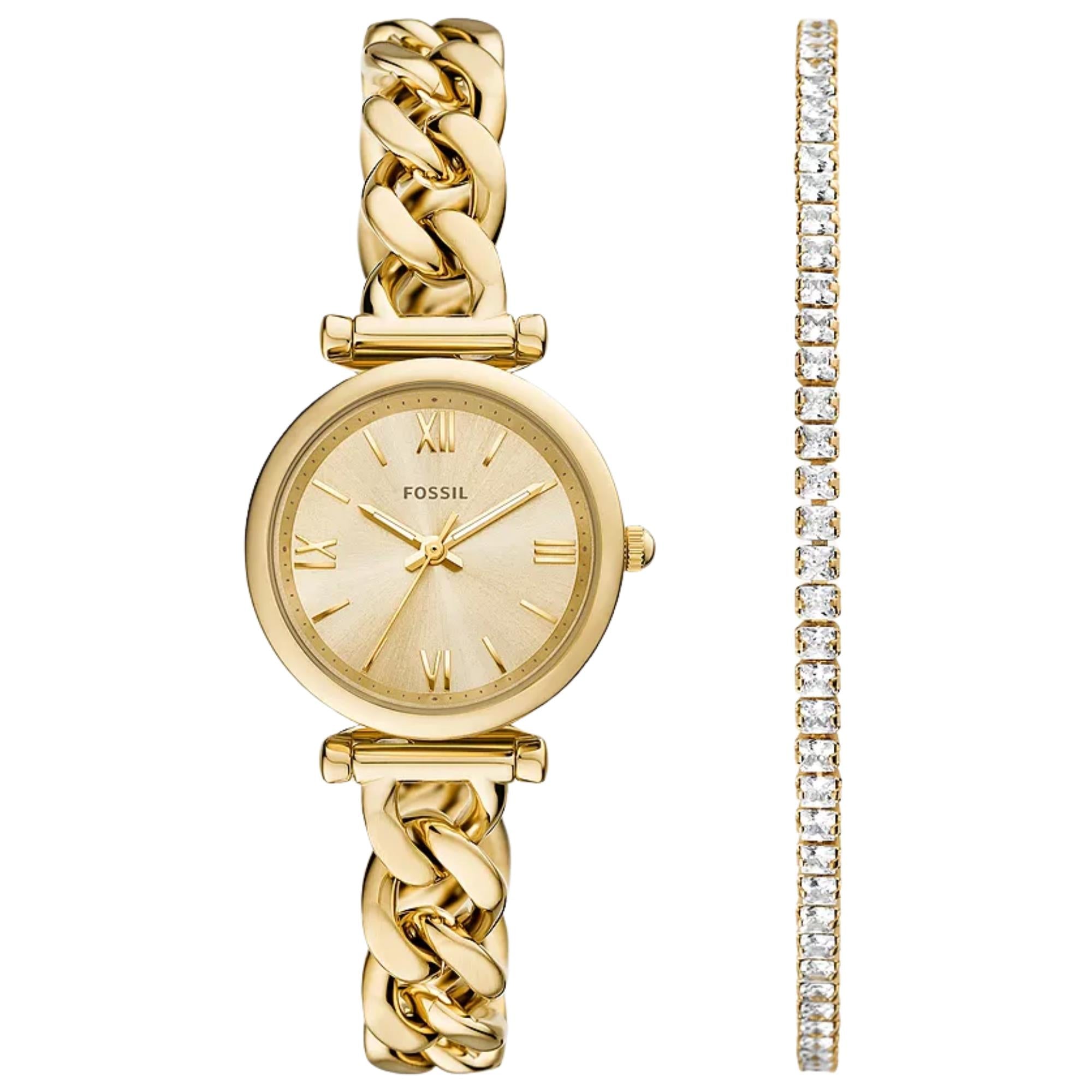 Fossil Carlie 28mm Gold Dial Steel Ladies Quartz Watch ES5387SET