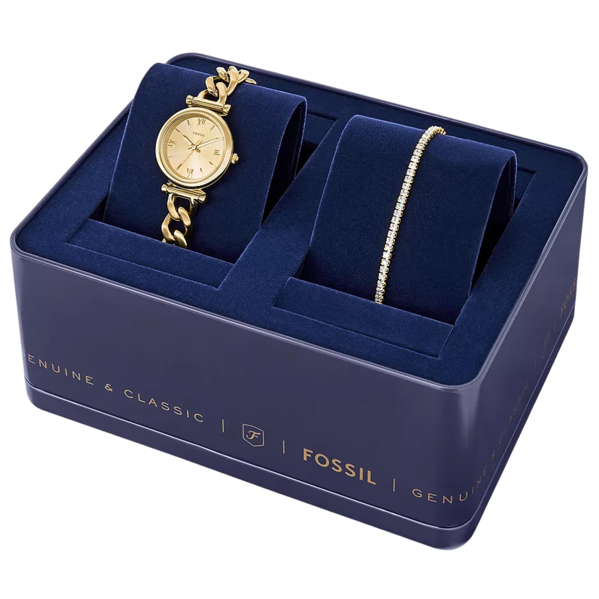 Fossil Carlie 28mm Gold Dial Steel Ladies Quartz Watch ES5387SET