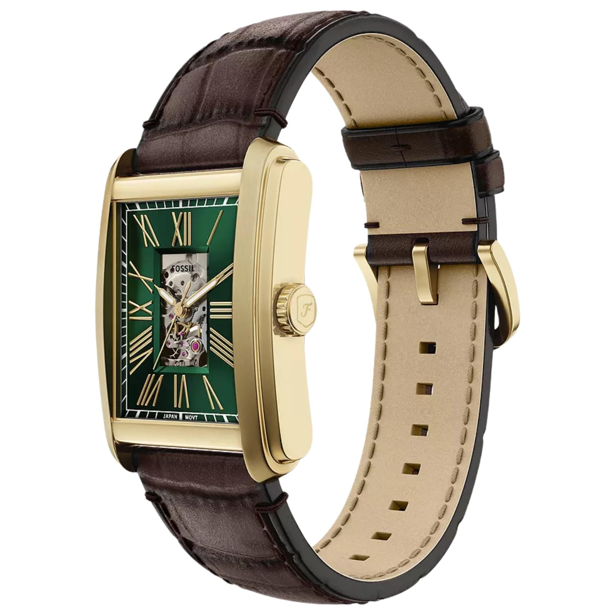 Fossil Carraway 30mm Open Heart Green Dial Leather Mens Automatic Watch ME3271
