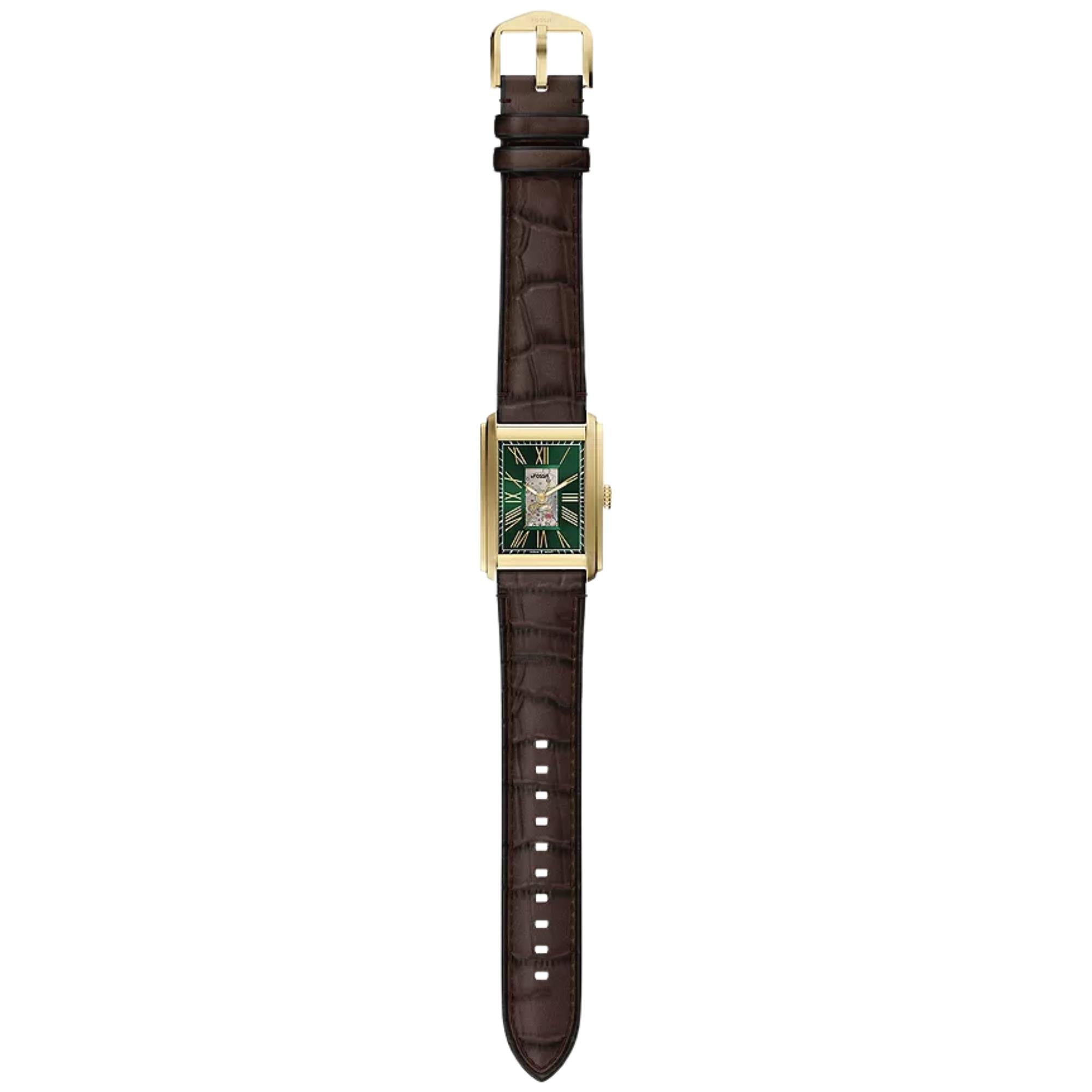 Fossil Carraway 30mm Open Heart Green Dial Leather Mens Automatic Watch ME3271