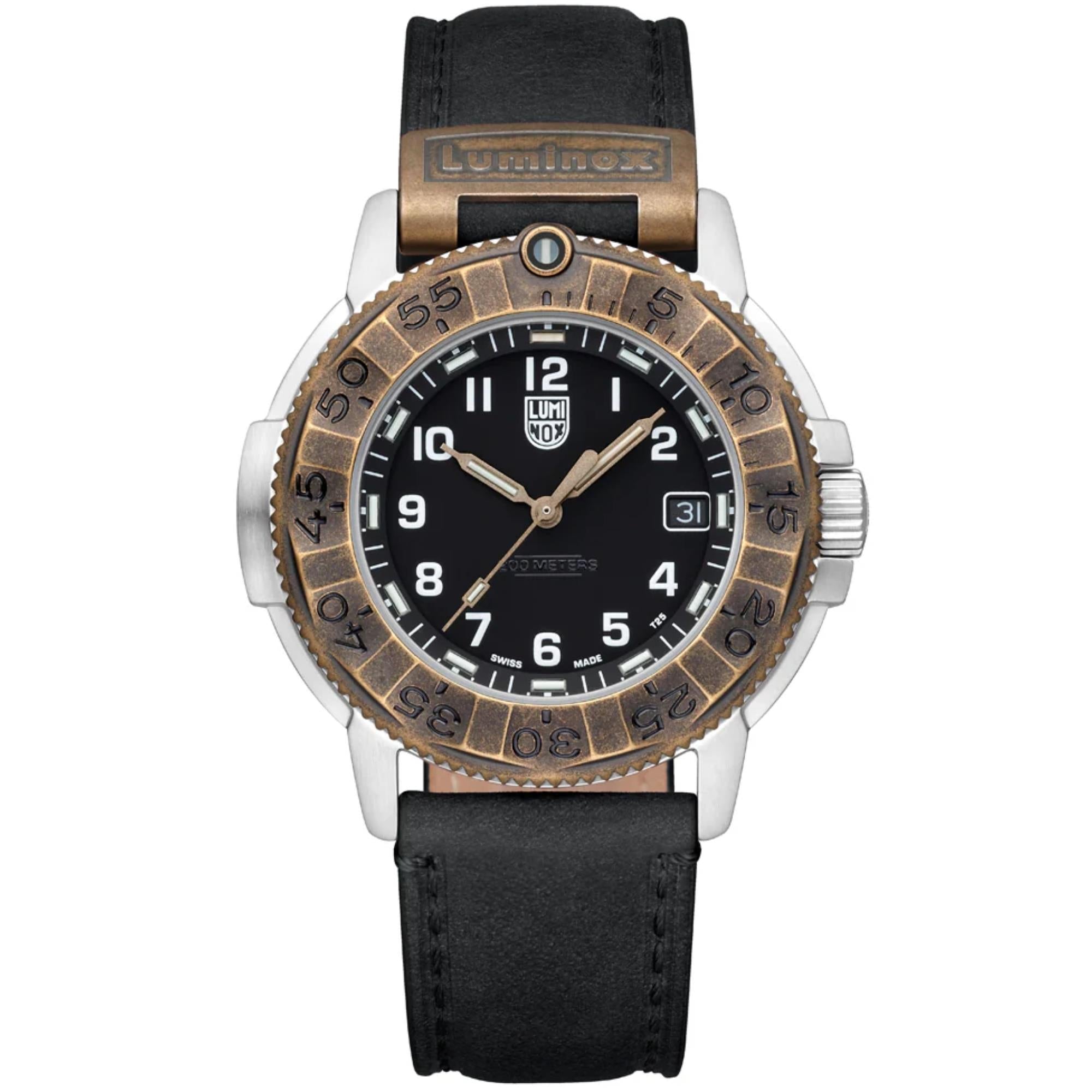 Front view of Luminox Adventure Watch Outdoor Explorer mens quartz watch XL.1301 showing its silver steel case, textured bronze rotating bezel, black dial, and black leather strap