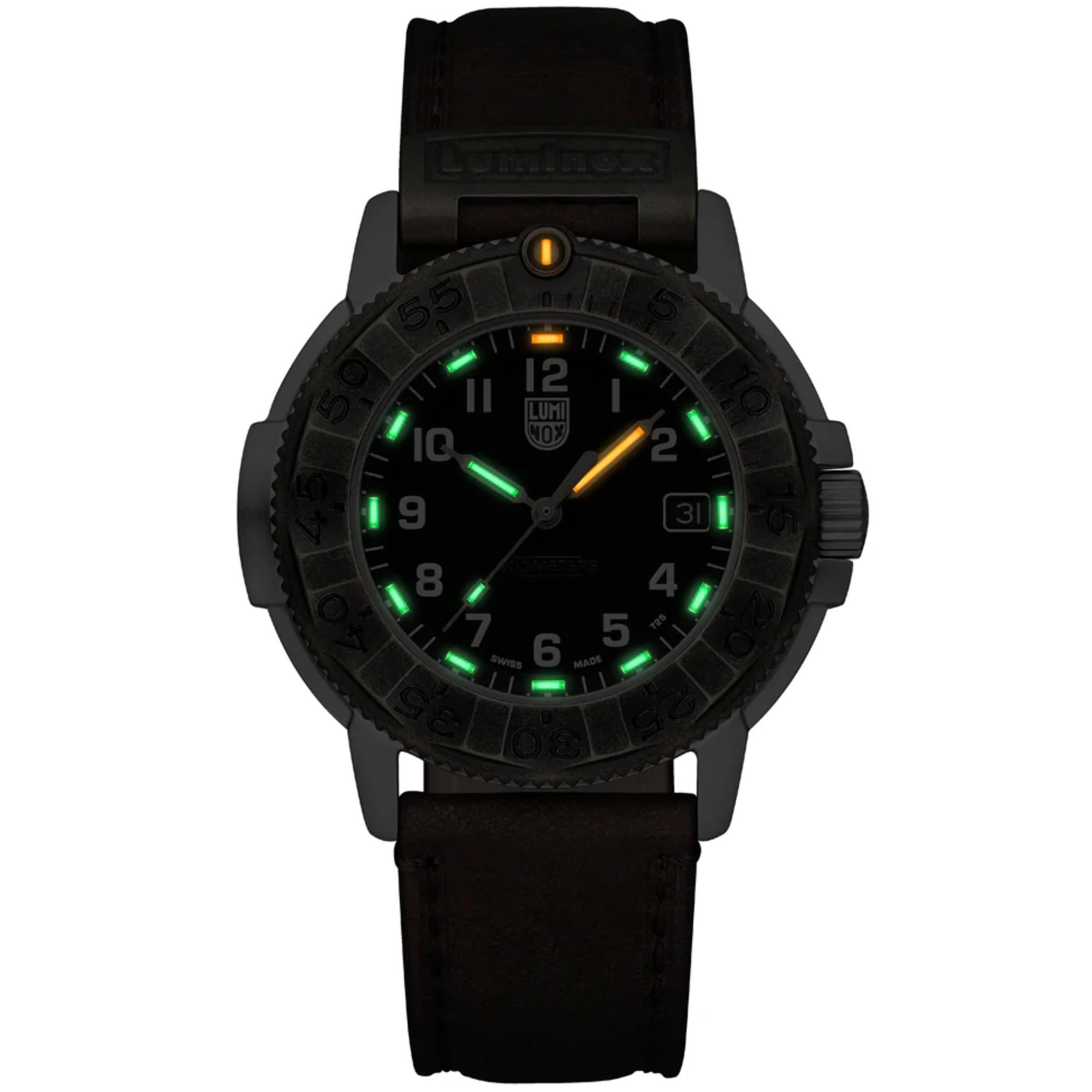 Luminox Adventure Watch XL.1301.LG showing its glowing green and orange micro gas lights illuminating the hands and hour markers in the dark