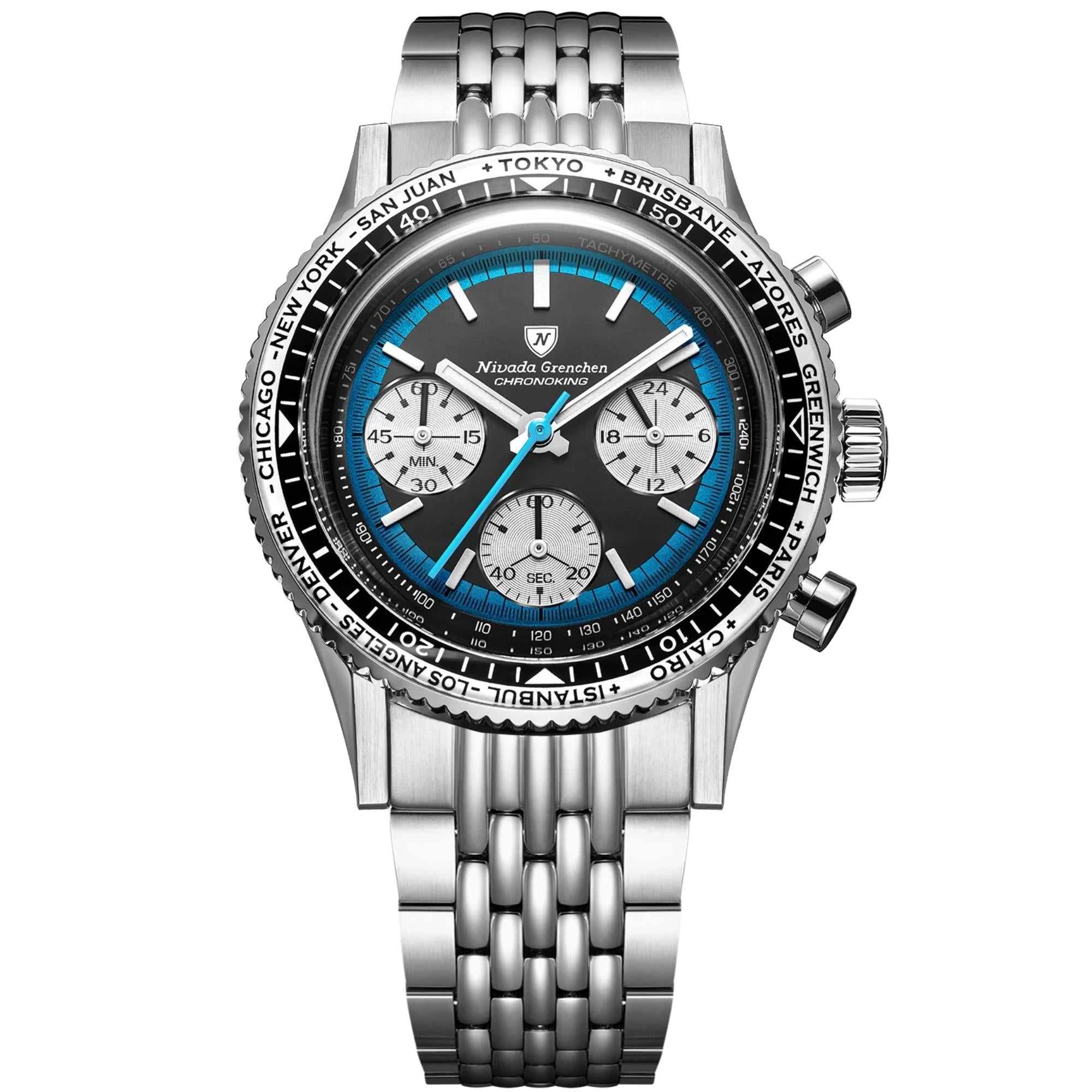 Nivada Grenchen Chronoking 38mm Chronograph Black Dial Steel Mens Mecaquartz Watch 87053Q04