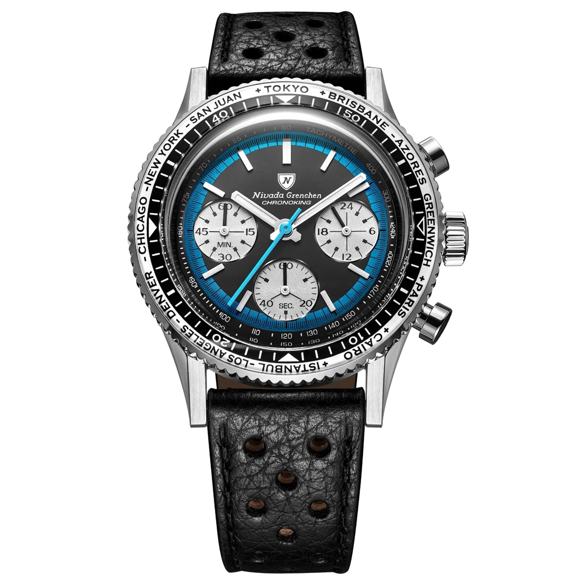 Nivada Grenchen Chronoking 38mm Chronograph Black Dial Leather Mens Mecaquartz Watch 87053Q10