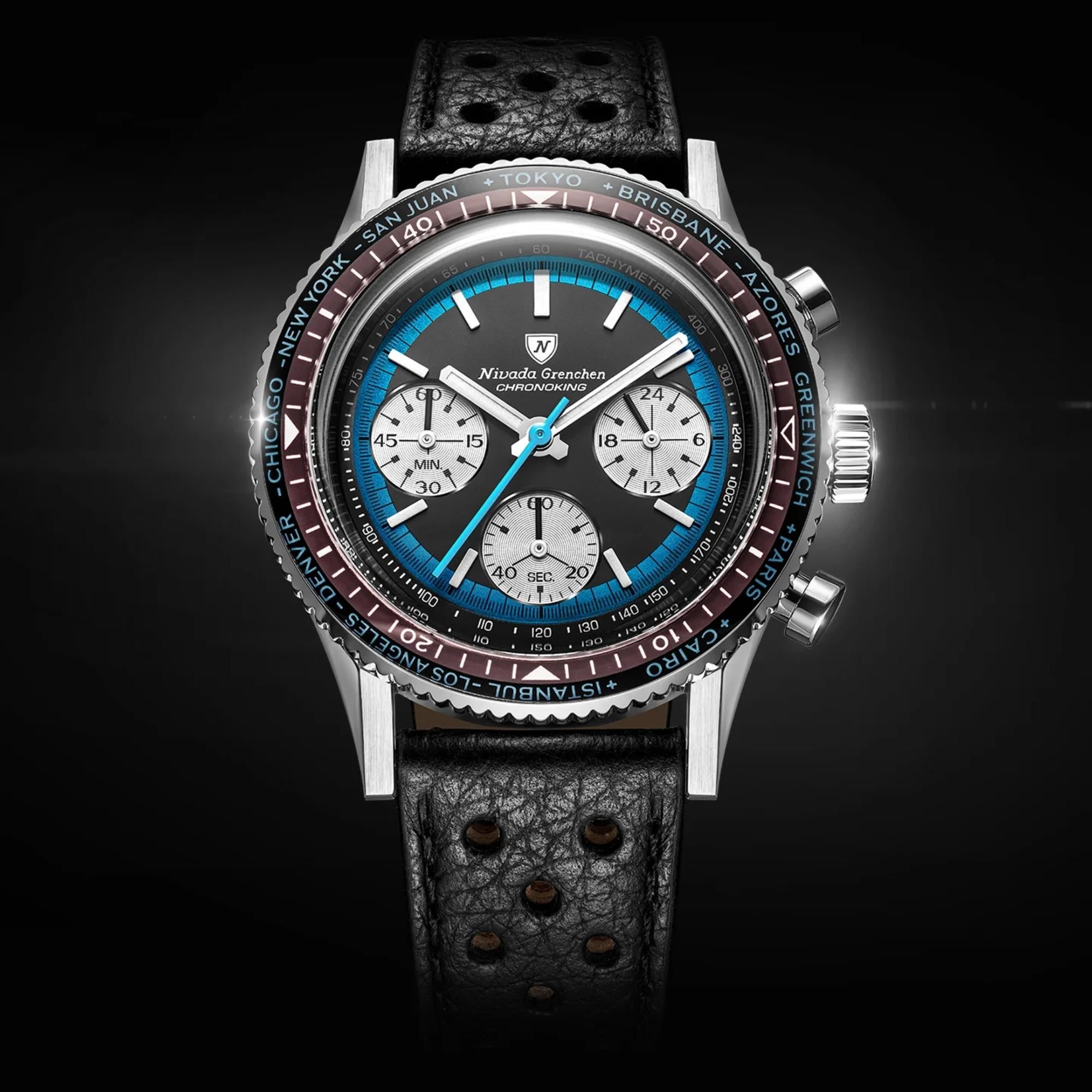 Nivada Grenchen Chronoking 38mm Chronograph Black Dial Leather Mens Mecaquartz Watch 87053Q10