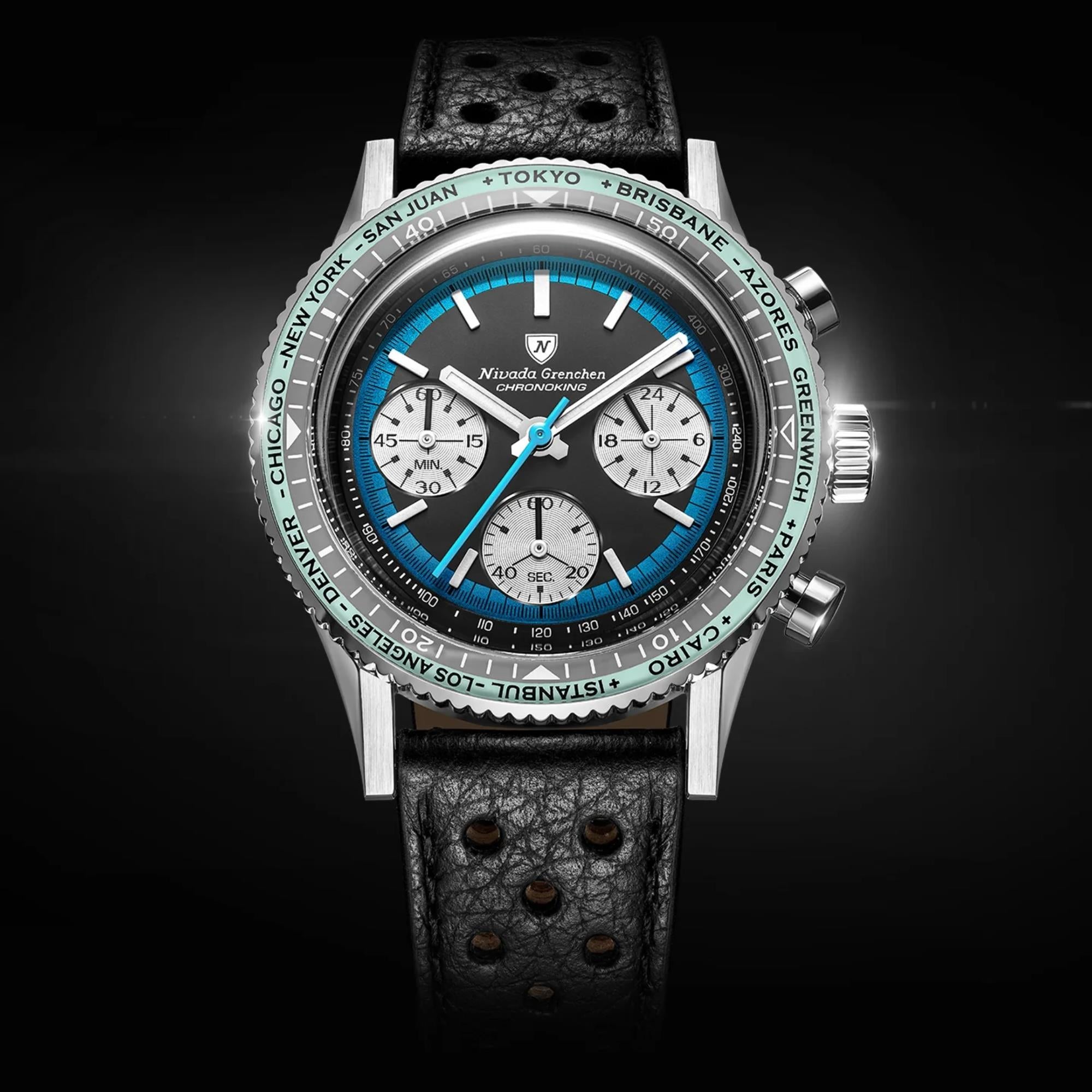 Nivada Grenchen Chronoking 38mm Chronograph Black Dial Leather Mens Mecaquartz Watch 87053Q10