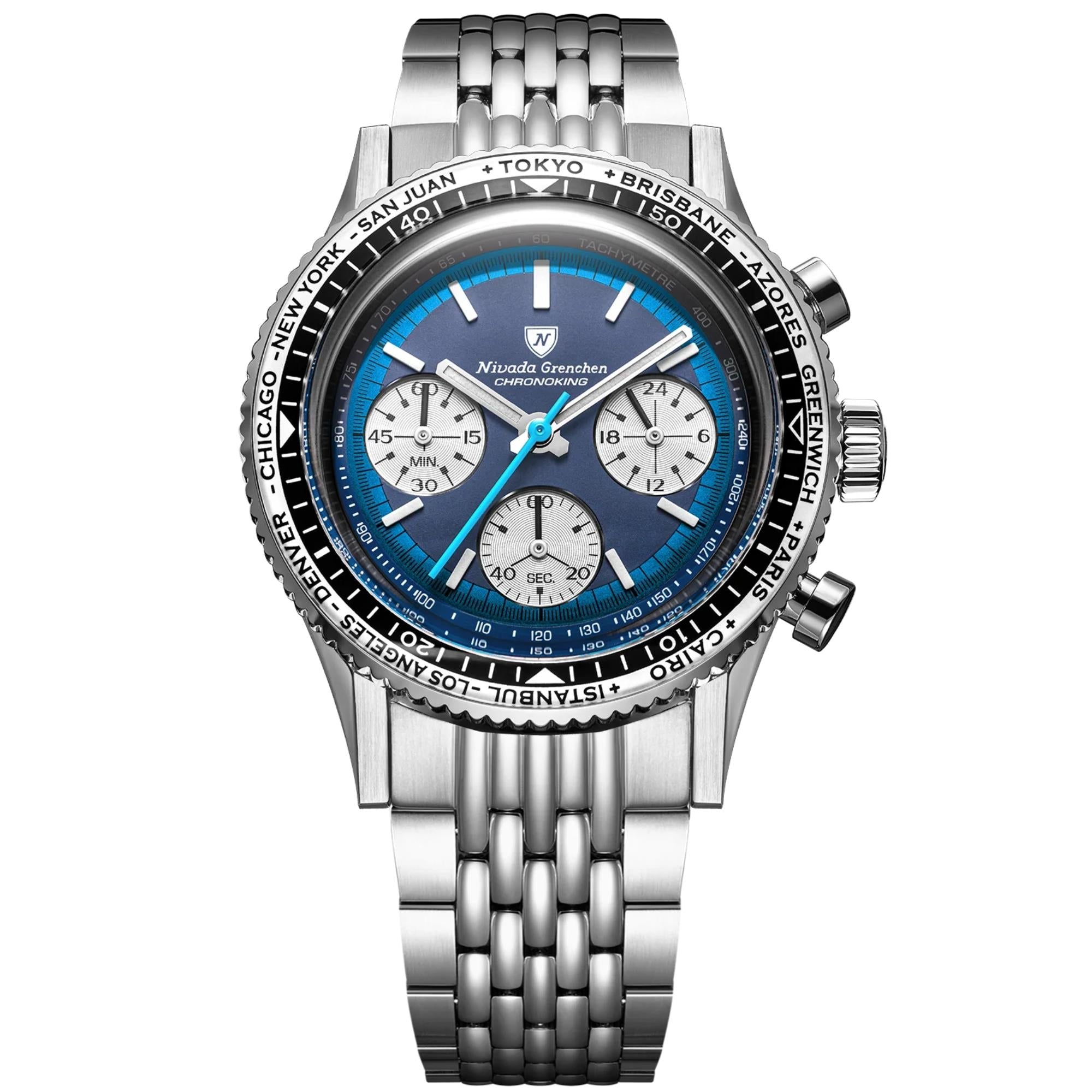 Nivada Grenchen Chronoking 38mm Chronograph Blue Dial Steel Mens Mecaquartz Watch 87054Q04