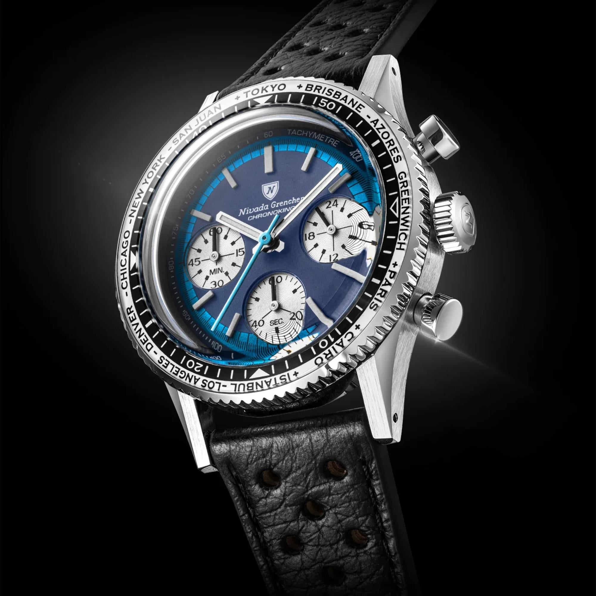 Nivada Grenchen Chronoking 38mm Chronograph Blue Dial Leather Mens Mecaquartz Watch 87054Q10