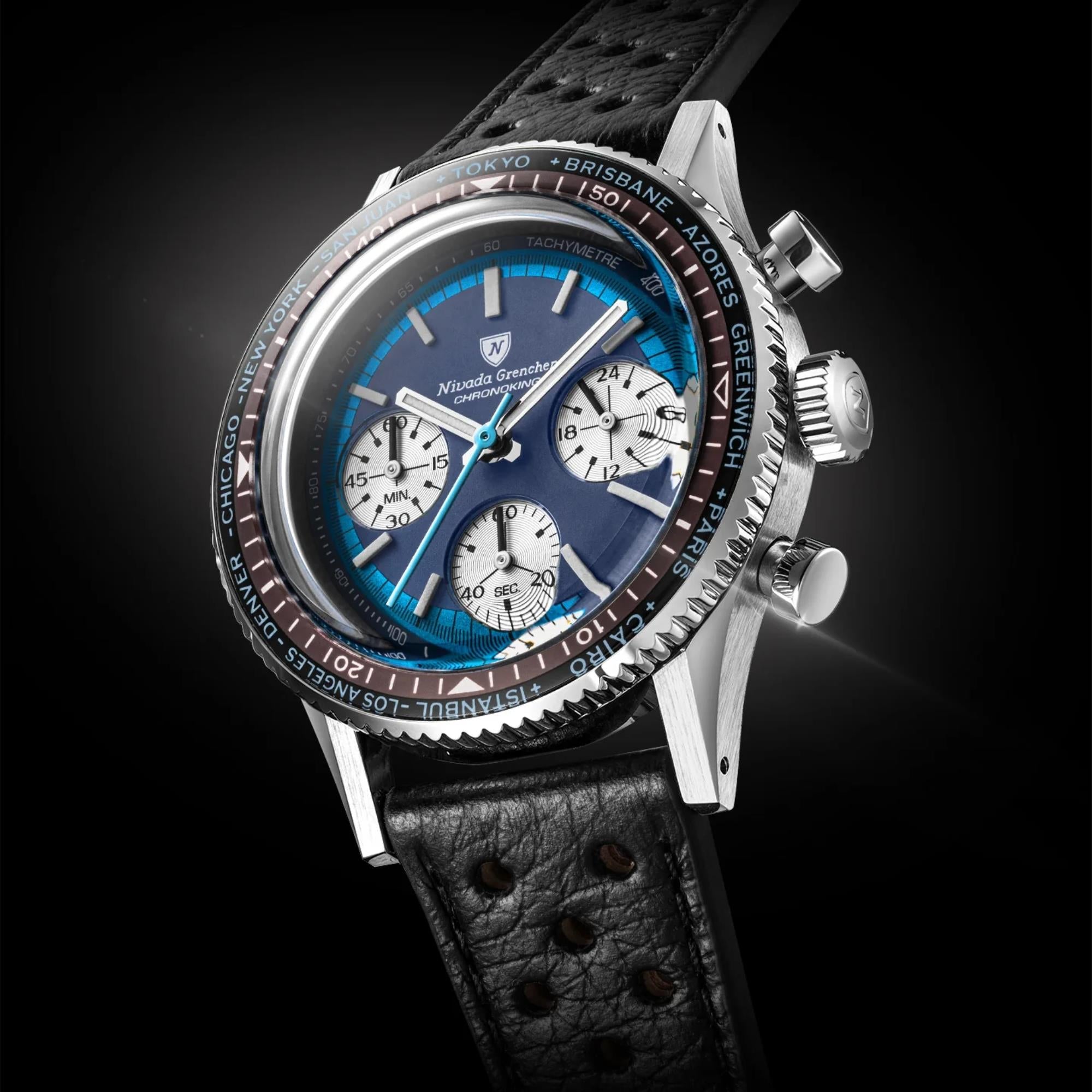 Nivada Grenchen Chronoking 38mm Chronograph Blue Dial Leather Mens Mecaquartz Watch 87054Q10