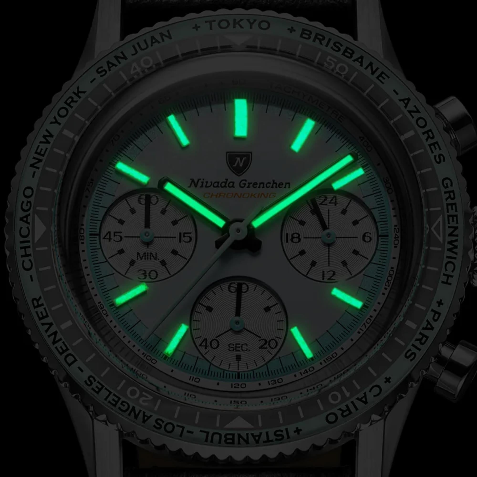 Nivada Grenchen Chronoking 38mm Chronograph White Dial Steel Mens Mecaquartz Watch 87056Q04