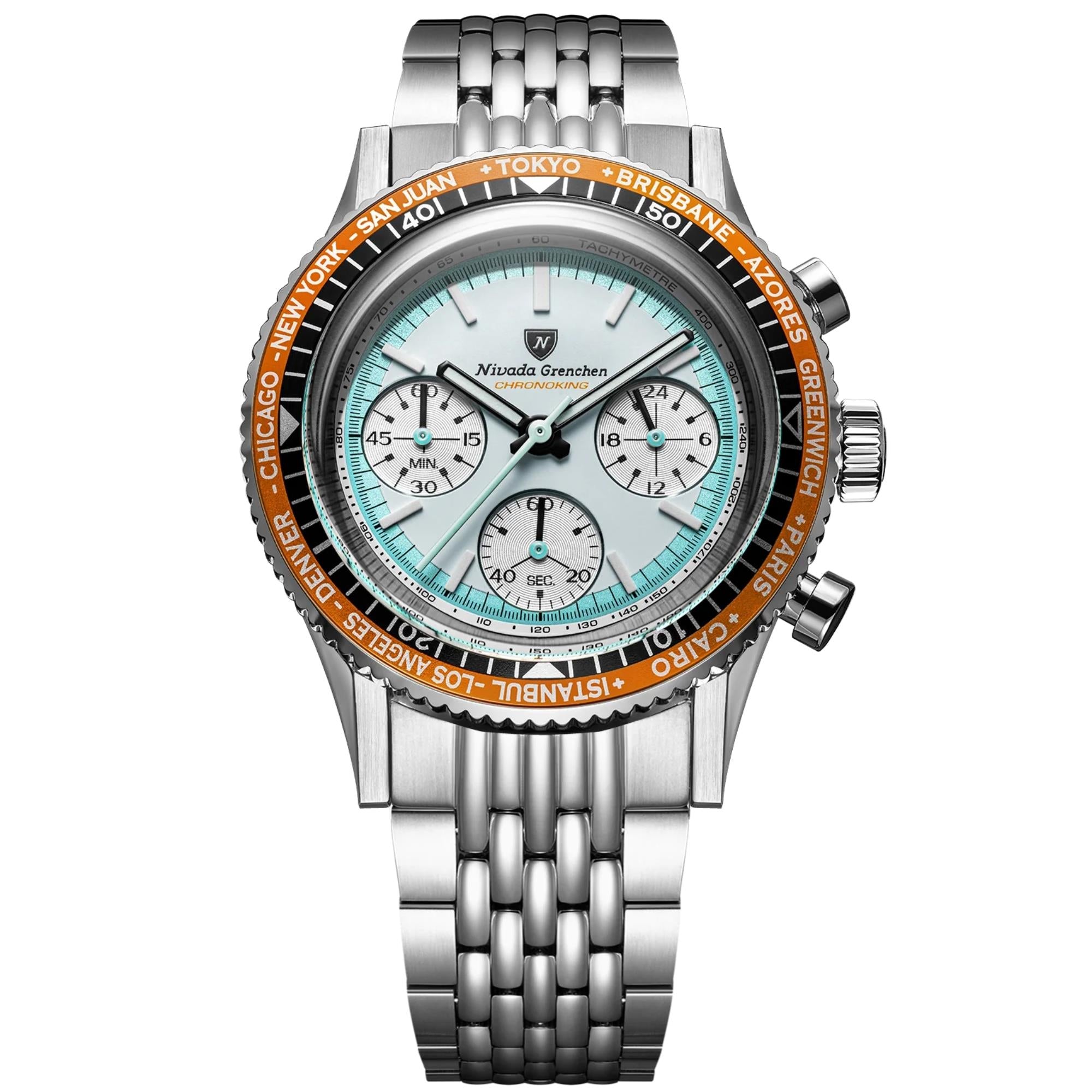 Nivada Grenchen Chronoking 38mm Chronograph White Dial Steel Mens Mecaquartz Watch 87056Q04