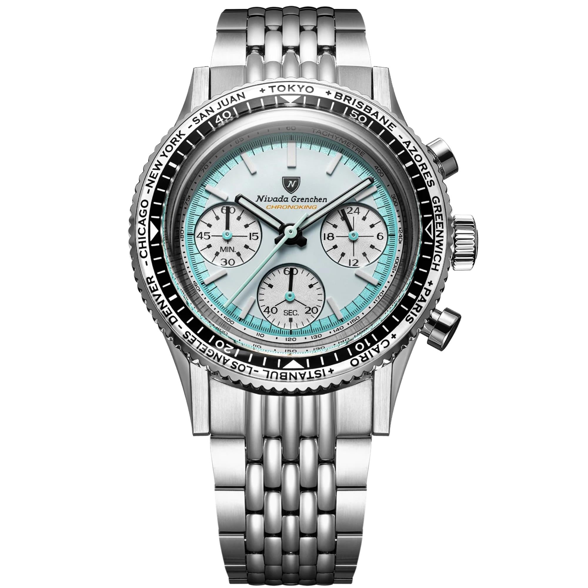 Nivada Grenchen Chronoking 38mm Chronograph White Dial Steel Mens Mecaquartz Watch 87056Q04