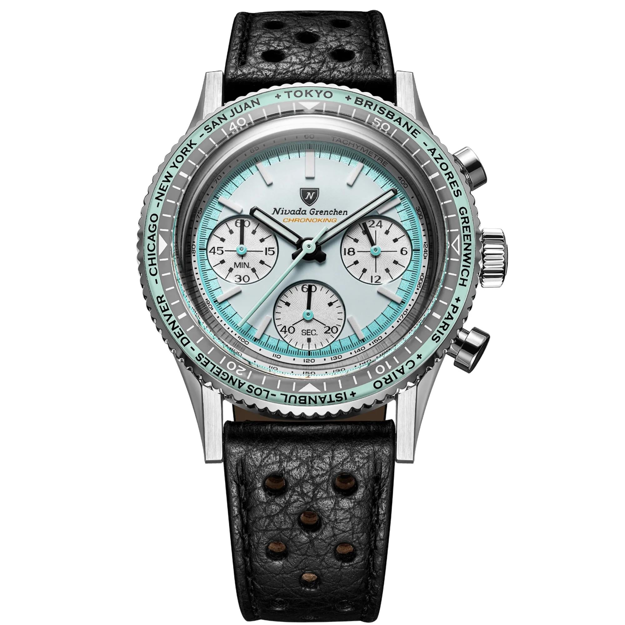 Nivada Grenchen Chronoking 38mm Chronograph White Dial Leather Mens Mecaquartz Watch 87056Q10