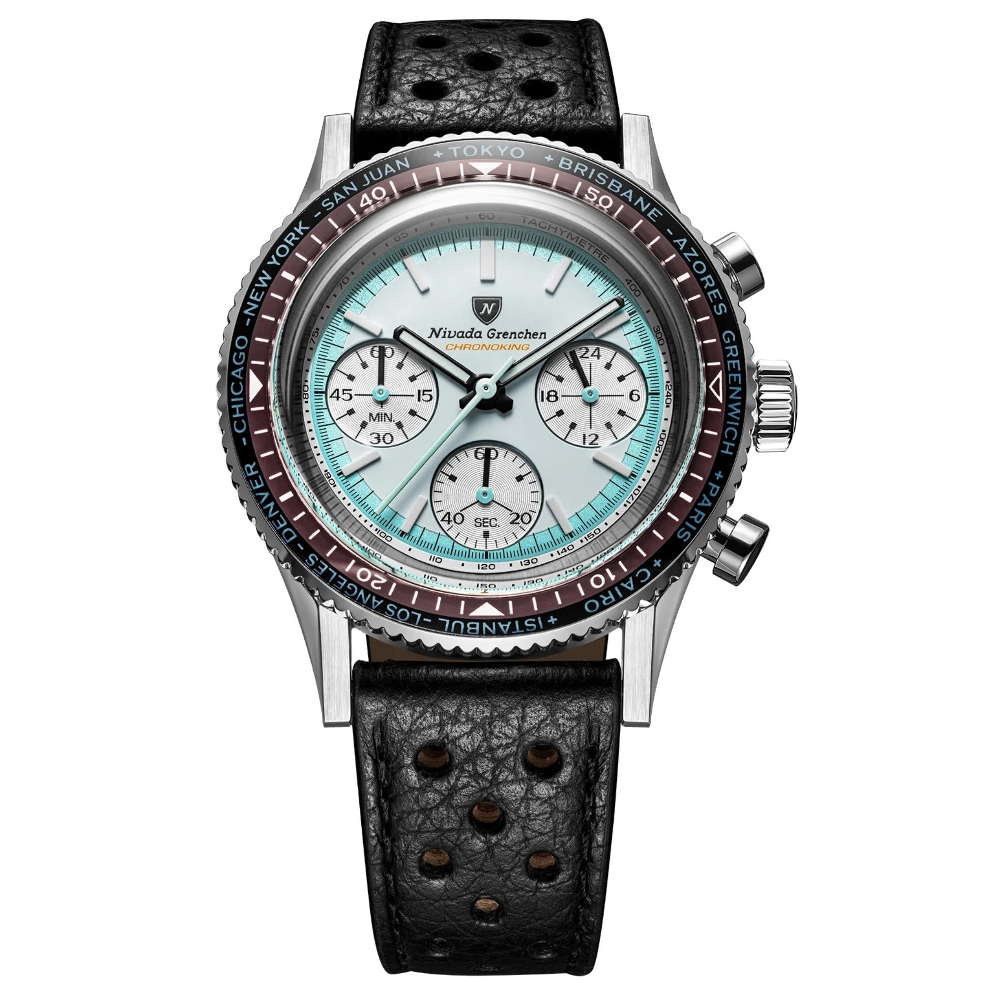 Nivada Grenchen Chronoking 38mm Chronograph White Dial Leather Mens Mecaquartz Watch 87056Q10