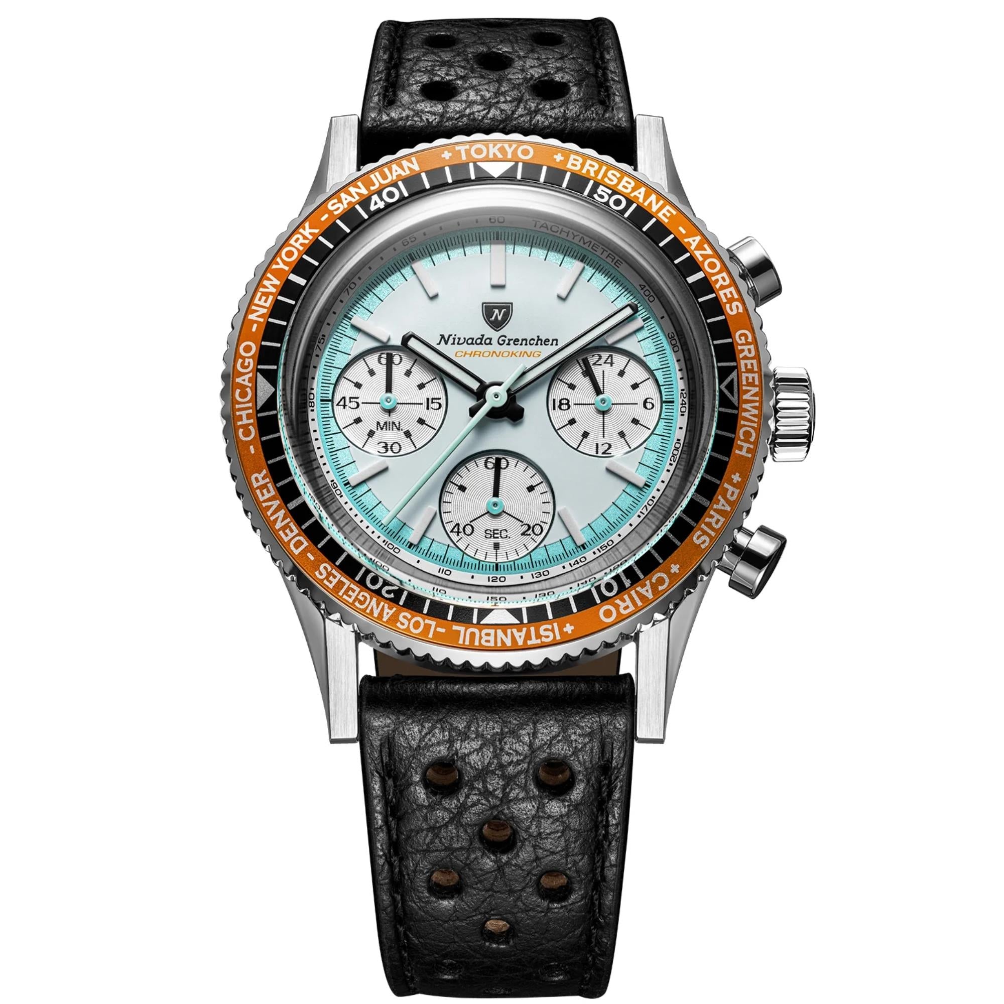 Nivada Grenchen Chronoking 38mm Chronograph White Dial Leather Mens Mecaquartz Watch 87056Q10