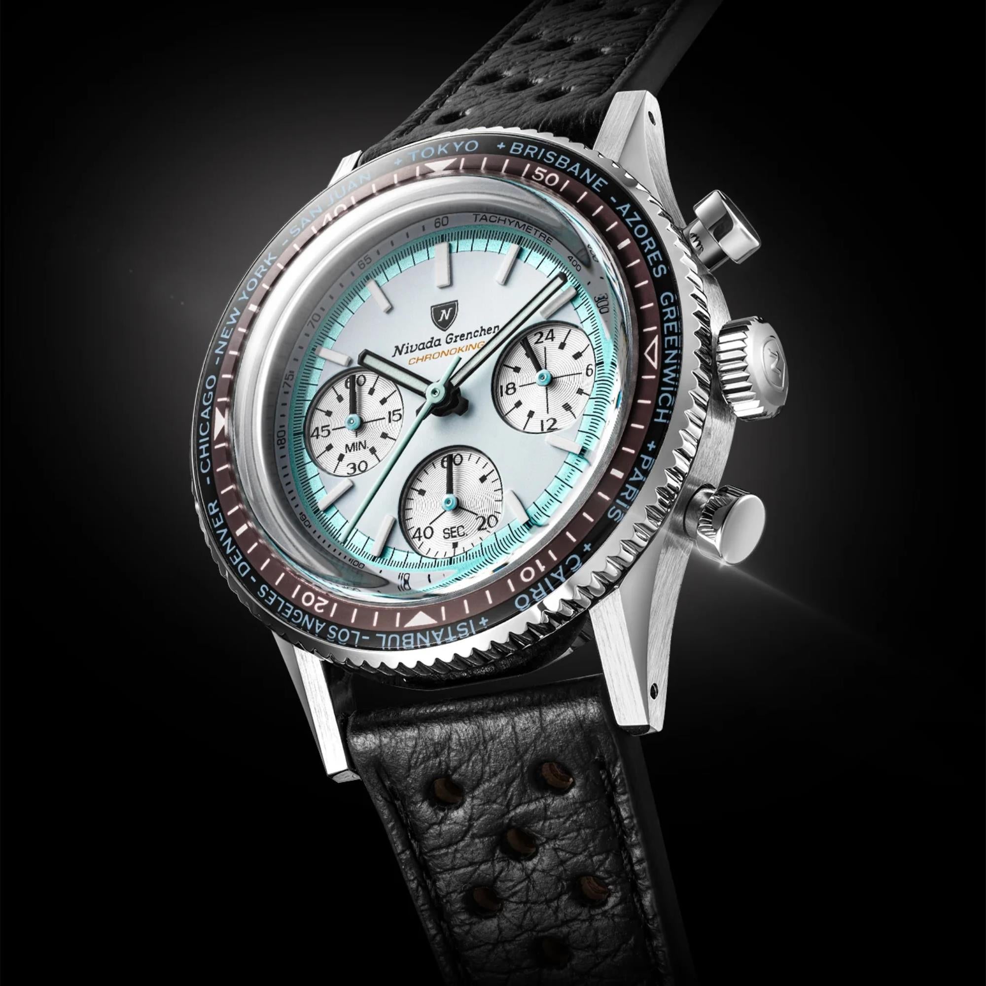 Nivada Grenchen Chronoking 38mm Chronograph White Dial Leather Mens Mecaquartz Watch 87056Q10