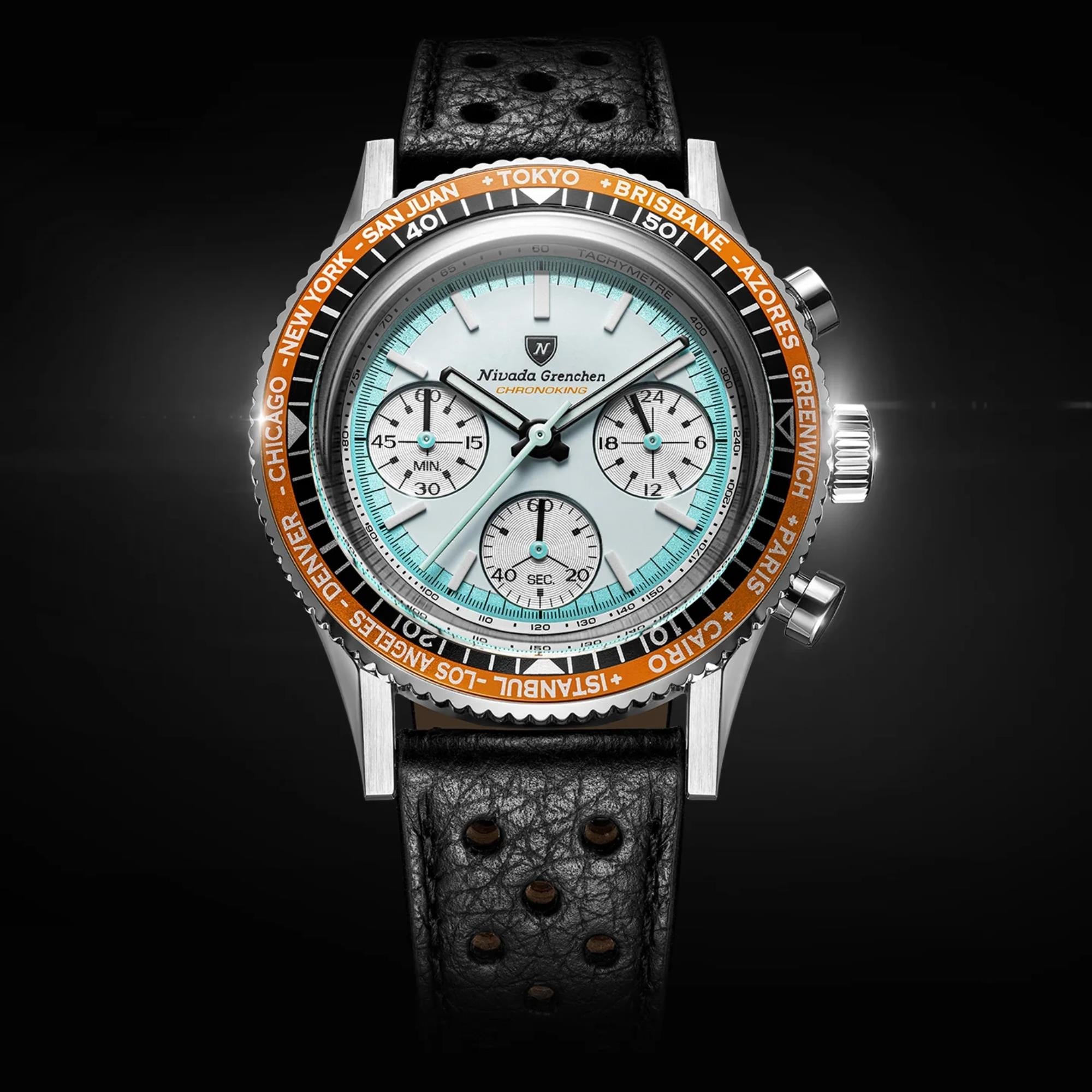 Nivada Grenchen Chronoking 38mm Chronograph White Dial Leather Mens Mecaquartz Watch 87056Q10