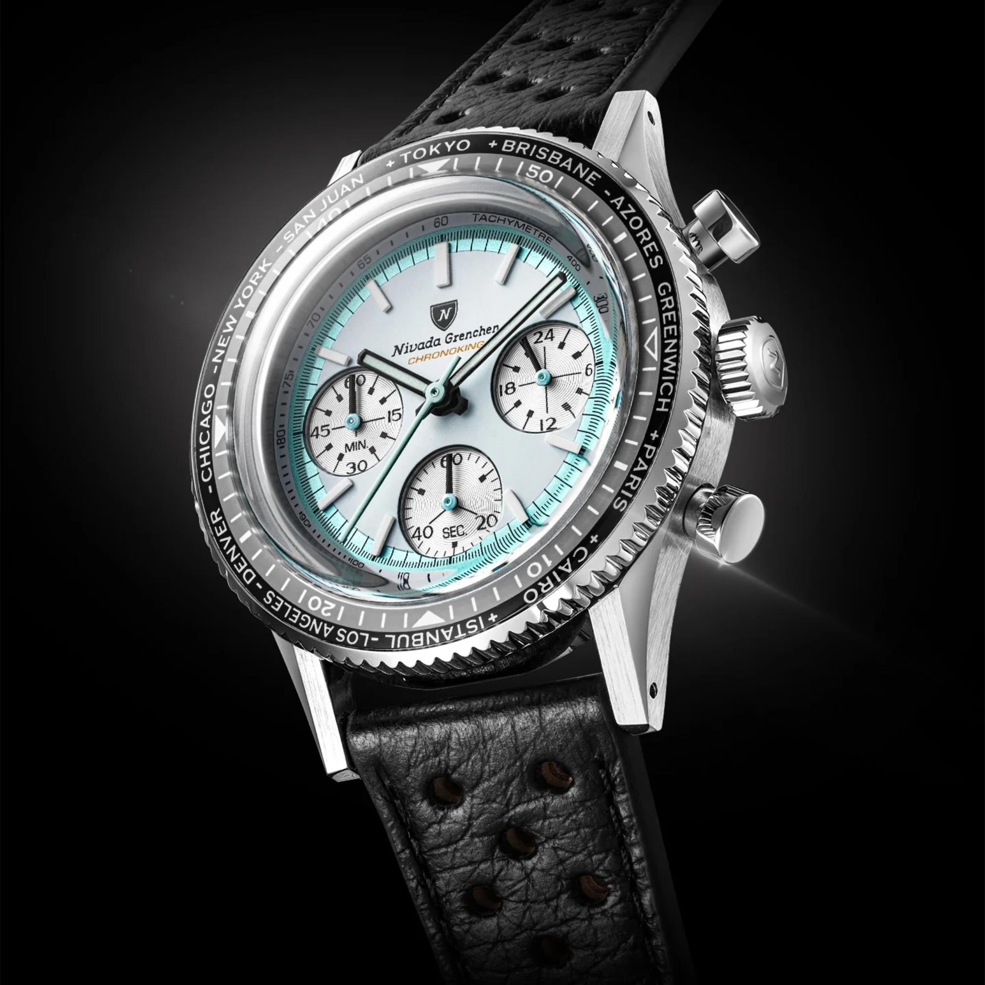 Nivada Grenchen Chronoking 38mm Chronograph White Dial Leather Mens Mecaquartz Watch 87056Q10