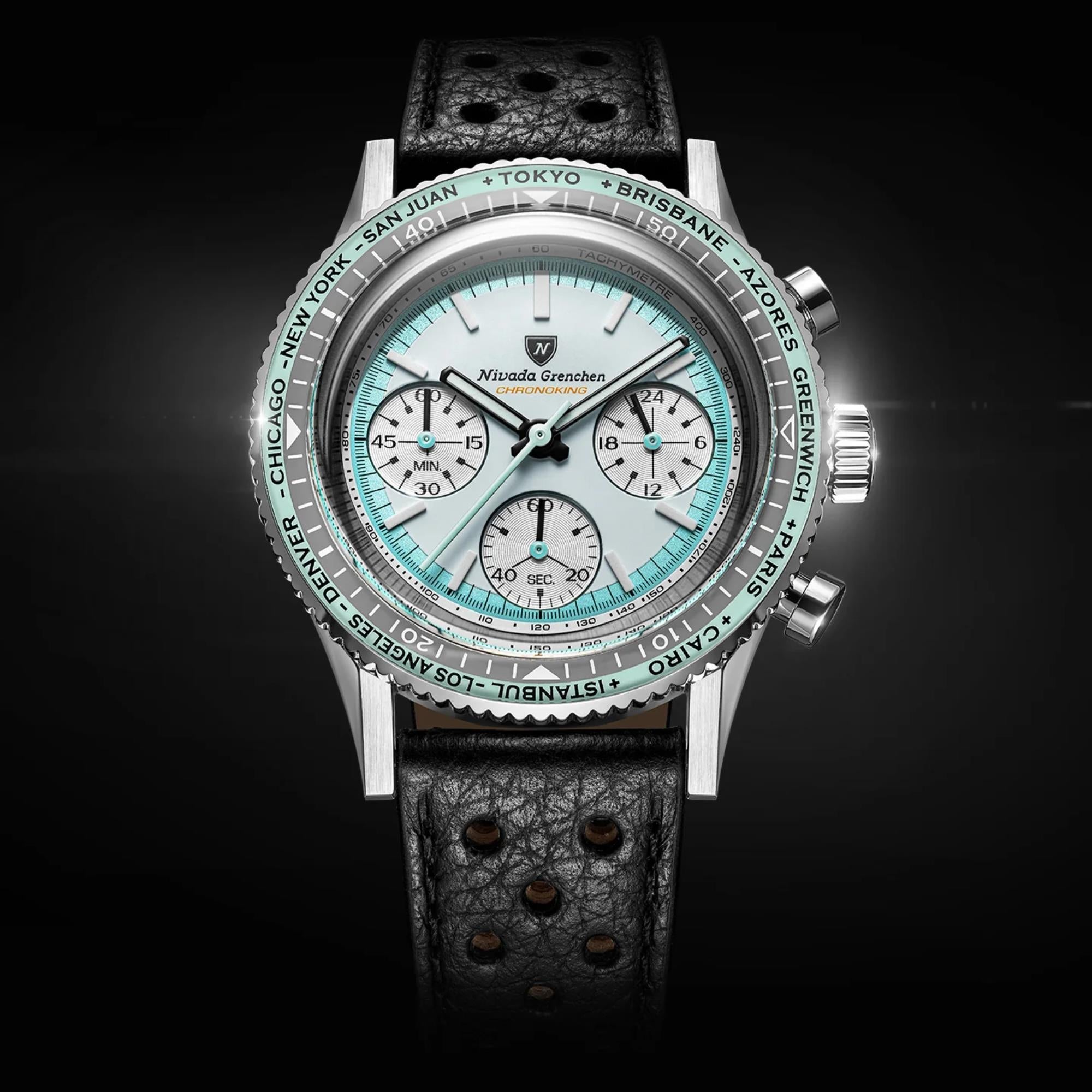 Nivada Grenchen Chronoking 38mm Chronograph White Dial Leather Mens Mecaquartz Watch 87056Q10