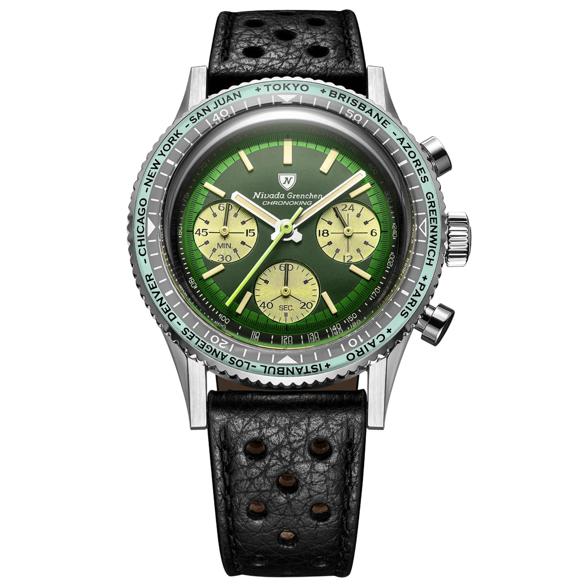 Nivada Grenchen Chronoking 38mm Chronograph Green Dial Leather Mens Mecaquartz Watch 87057Q10