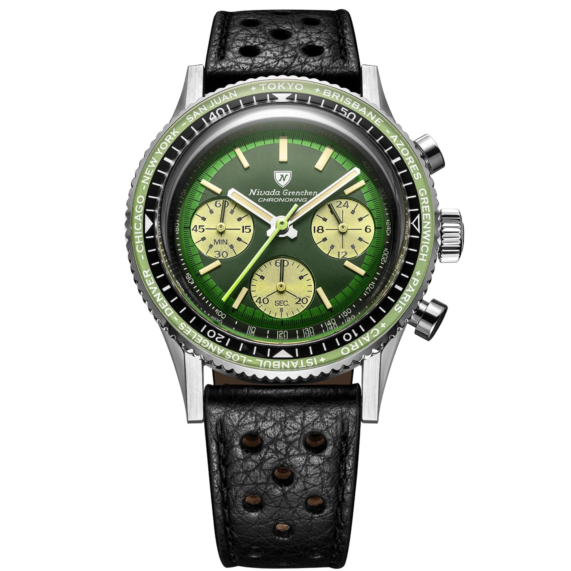 Nivada Grenchen Chronoking 38mm Chronograph Green Dial Leather Mens Mecaquartz Watch 87057Q10