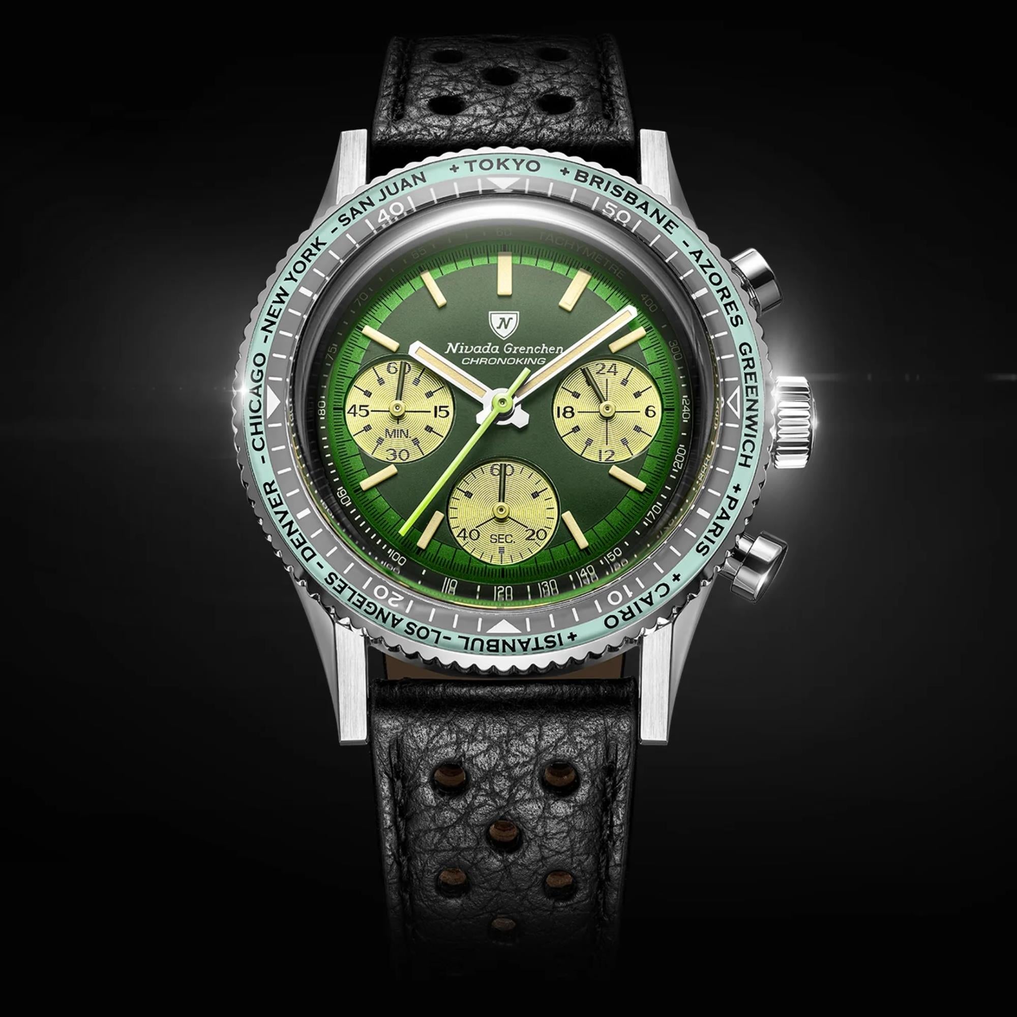 Nivada Grenchen Chronoking 38mm Chronograph Green Dial Leather Mens Mecaquartz Watch 87057Q10