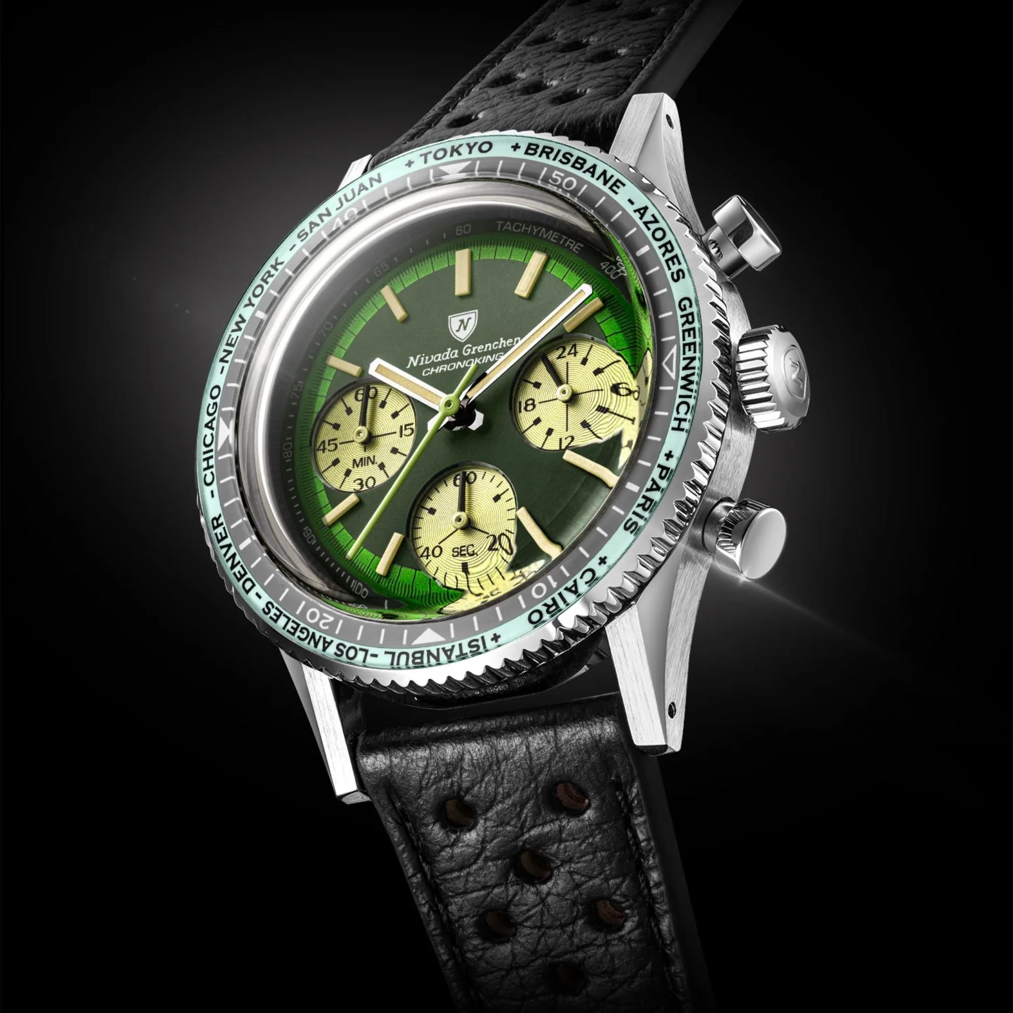 Nivada Grenchen Chronoking 38mm Chronograph Green Dial Leather Mens Mecaquartz Watch 87057Q10