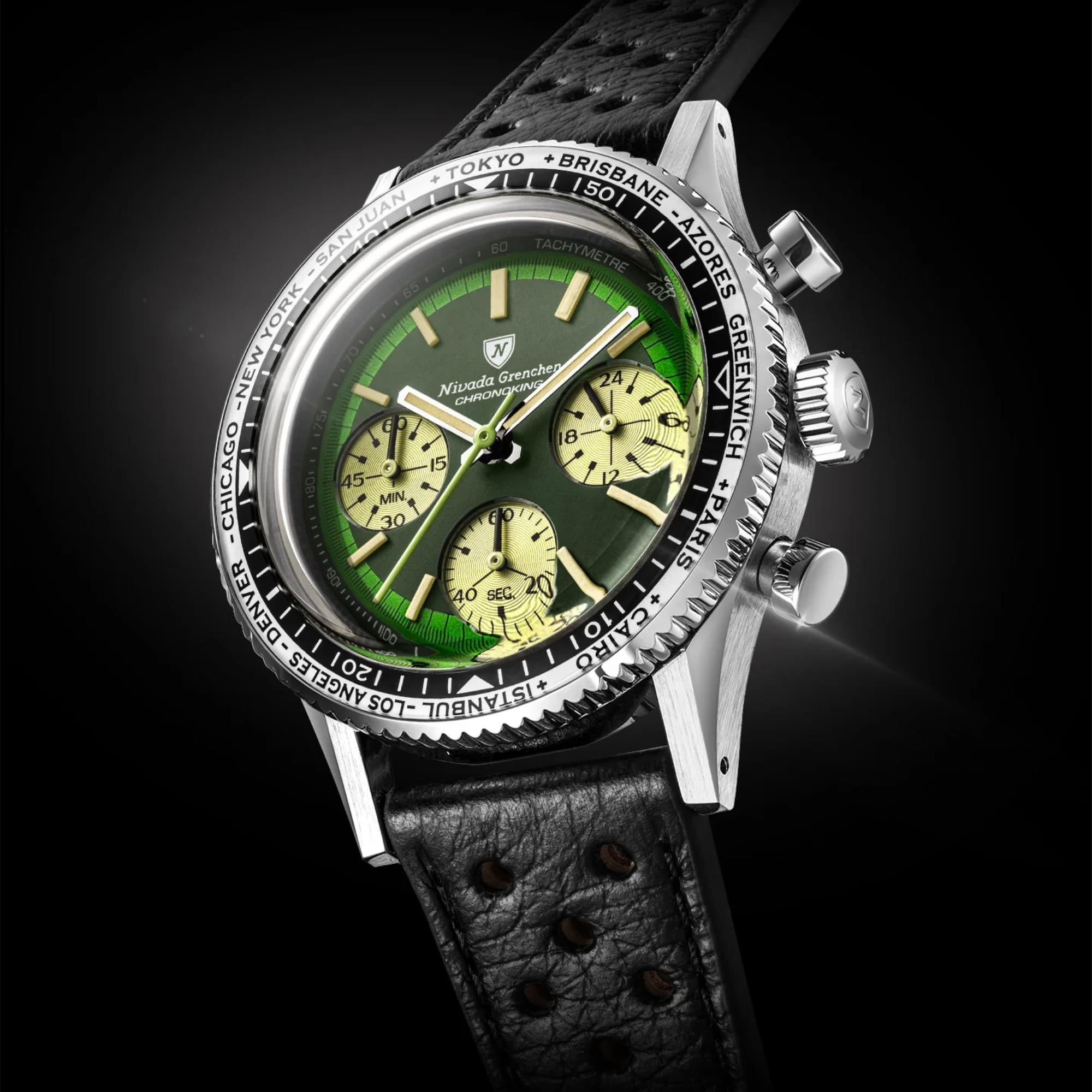 Nivada Grenchen Chronoking 38mm Chronograph Green Dial Leather Mens Mecaquartz Watch 87057Q10