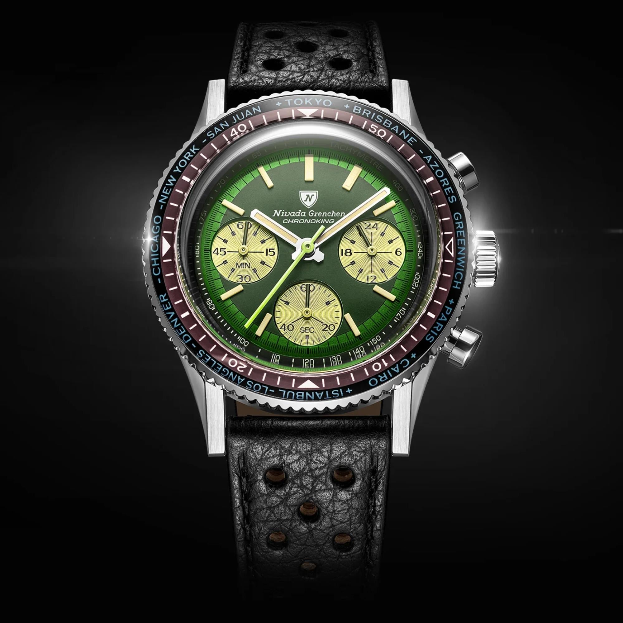 Nivada Grenchen Chronoking 38mm Chronograph Green Dial Leather Mens Mecaquartz Watch 87057Q10