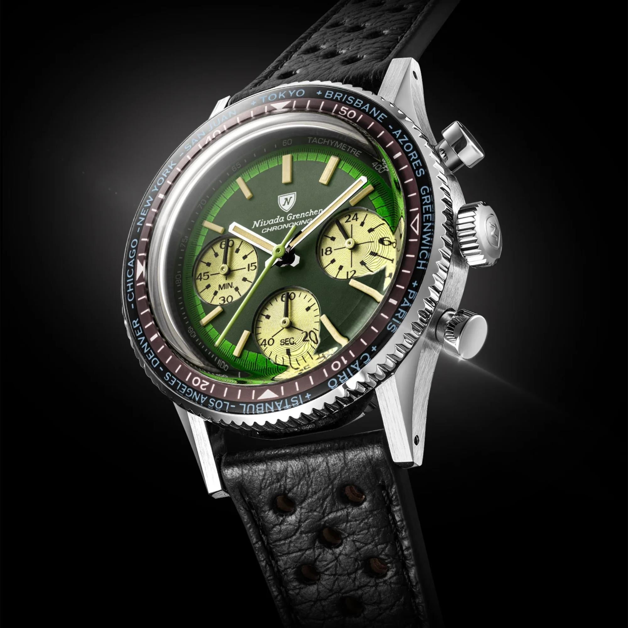 Nivada Grenchen Chronoking 38mm Chronograph Green Dial Leather Mens Mecaquartz Watch 87057Q10