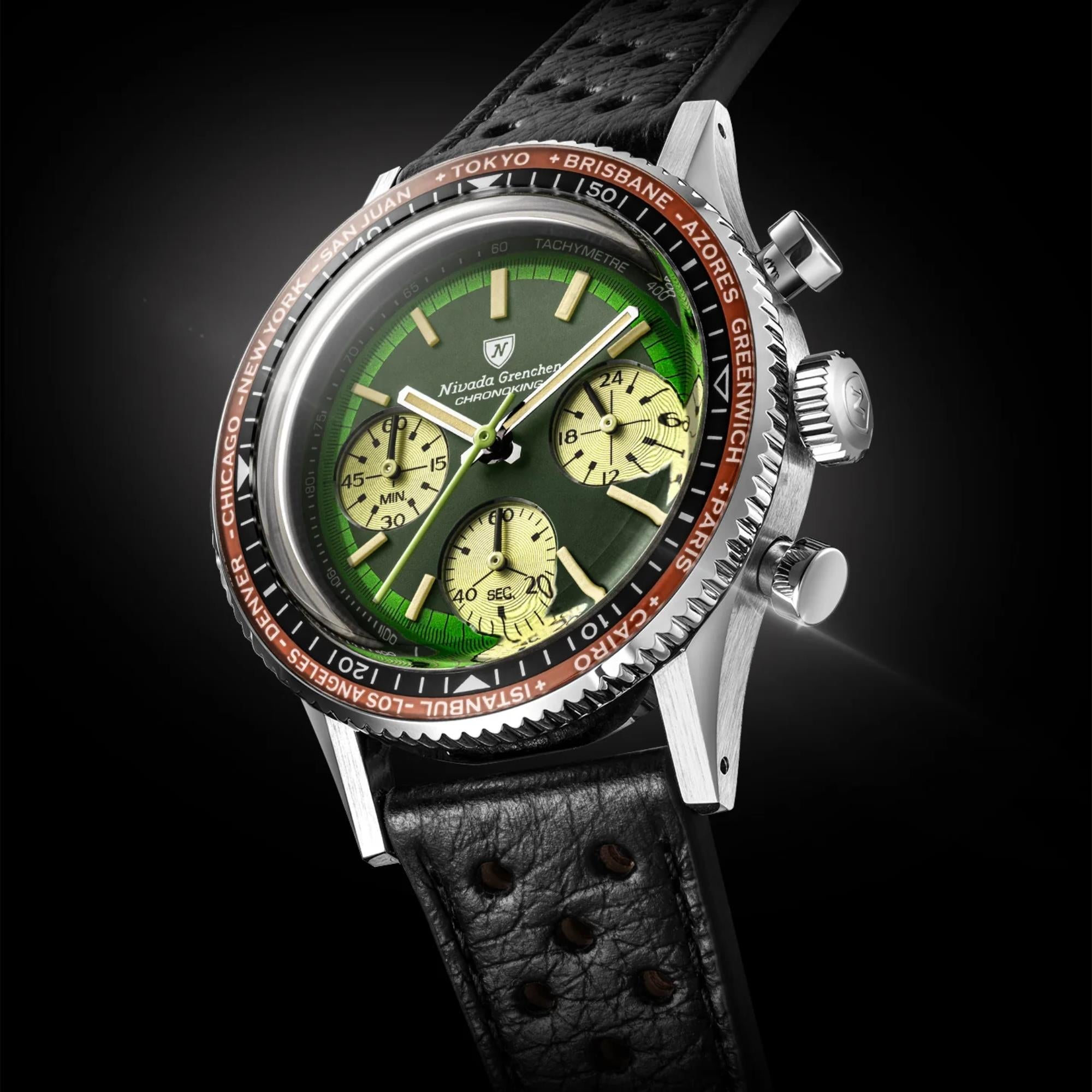 Nivada Grenchen Chronoking 38mm Chronograph Green Dial Leather Mens Mecaquartz Watch 87057Q10