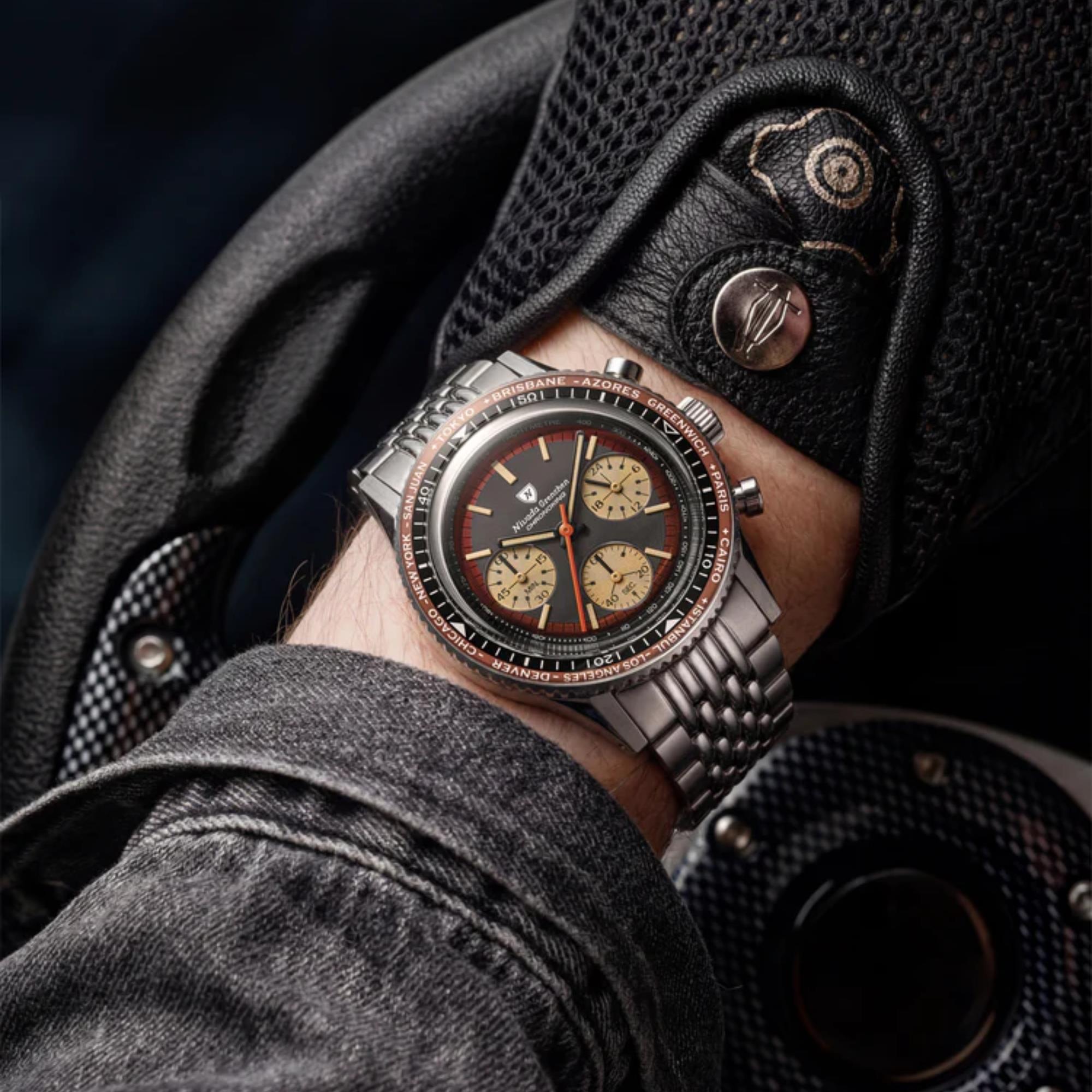 Nivada Grenchen Chronoking 38mm Chronograph Black Dial Steel Mens Mecaquartz Watch 87055Q04