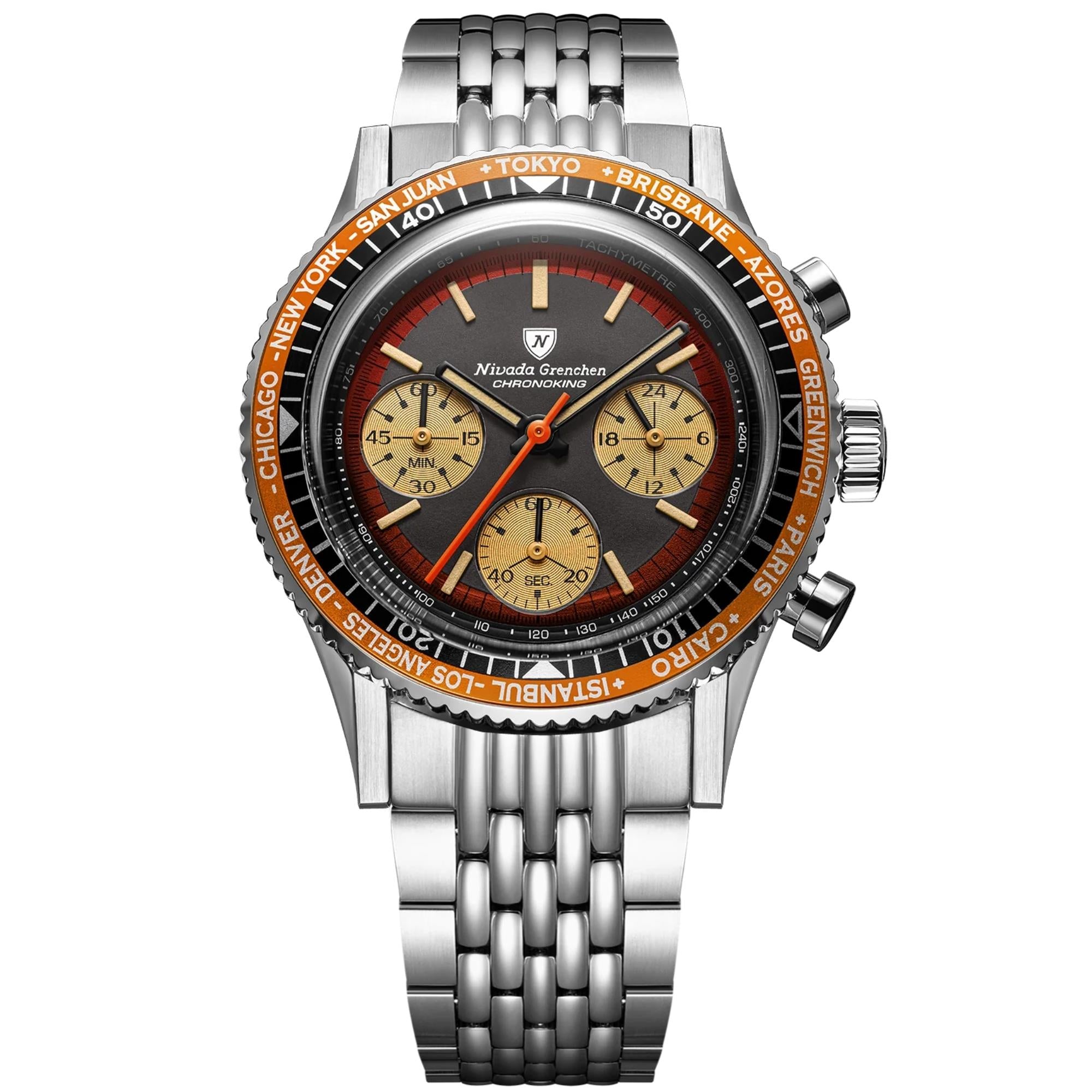 Nivada Grenchen Chronoking 38mm Chronograph Black Dial Steel Mens Mecaquartz Watch 87055Q04
