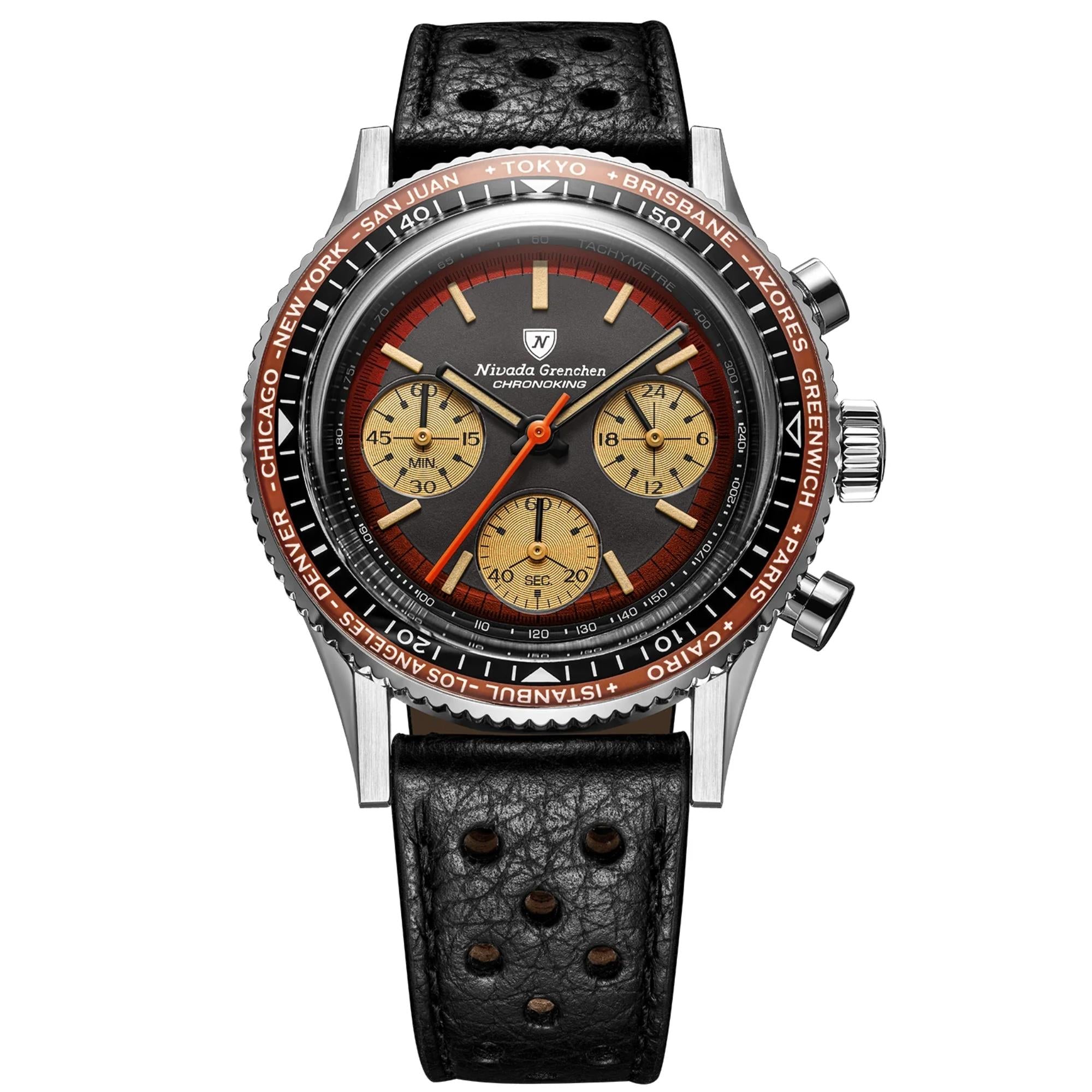 Nivada Grenchen Chronoking 38mm Chronograph Black Dial Leather Mens Mecaquartz Watch 87055Q10